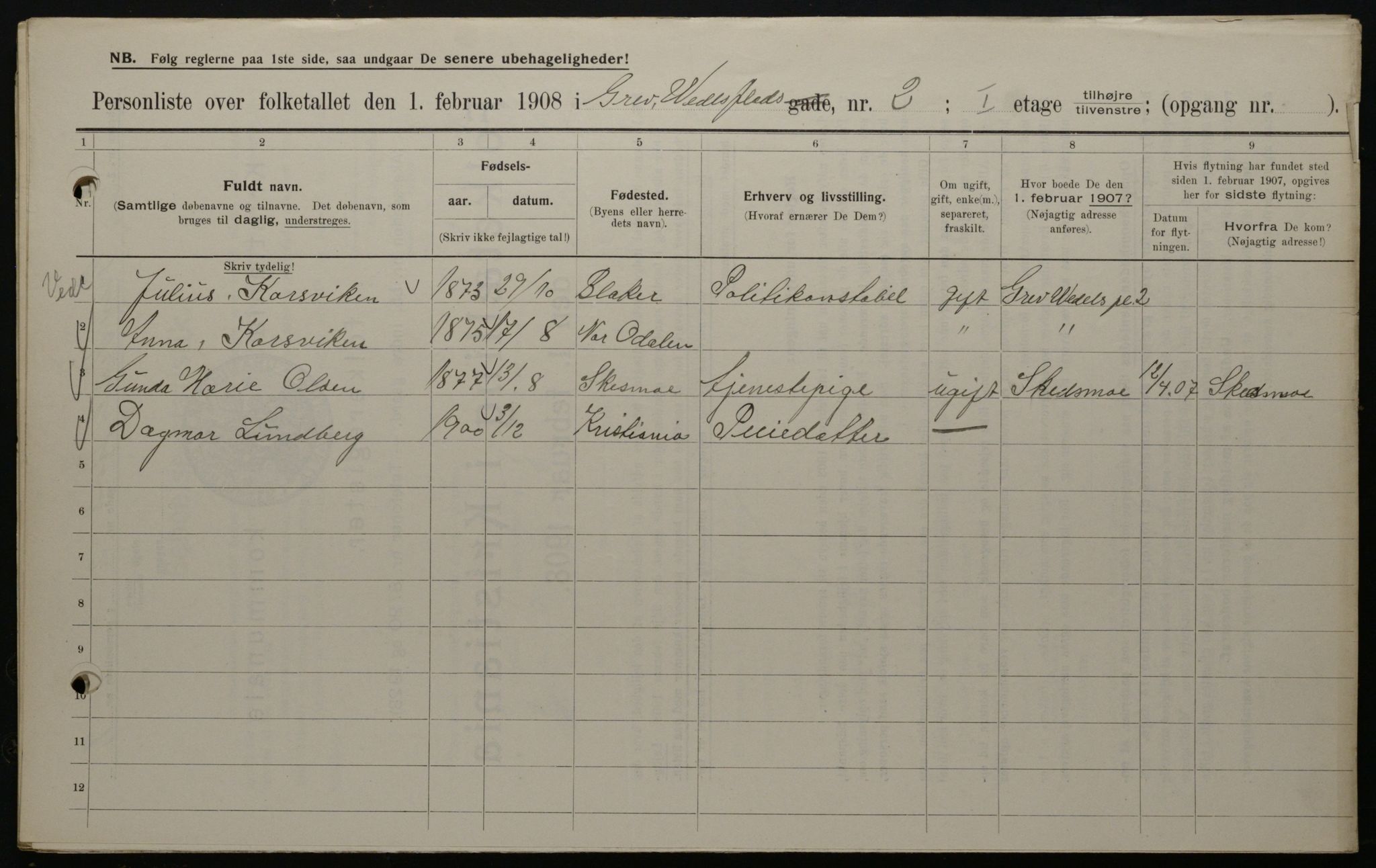 OBA, Kommunal folketelling 1.2.1908 for Kristiania kjøpstad, 1908, s. 26891