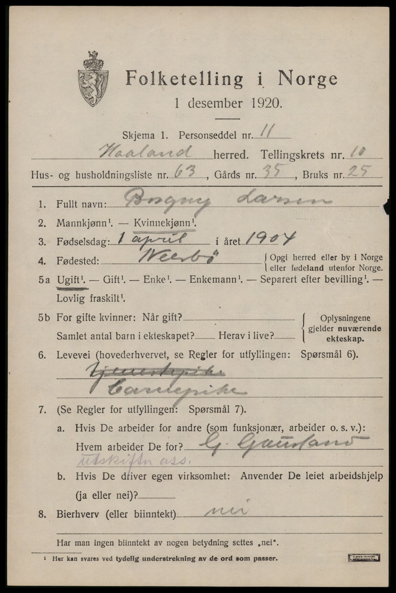 SAST, Folketelling 1920 for 1124 Håland herred, 1920, s. 8107