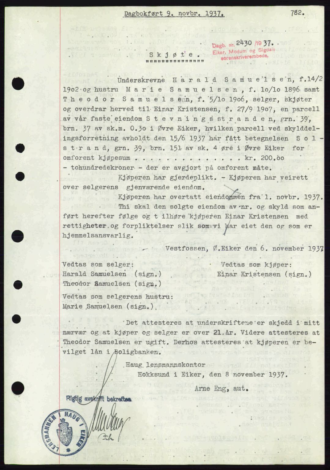 Eiker, Modum og Sigdal sorenskriveri, SAKO/A-123/G/Ga/Gab/L0036: Pantebok nr. A6, 1937-1937, Dagboknr: 2430/1937