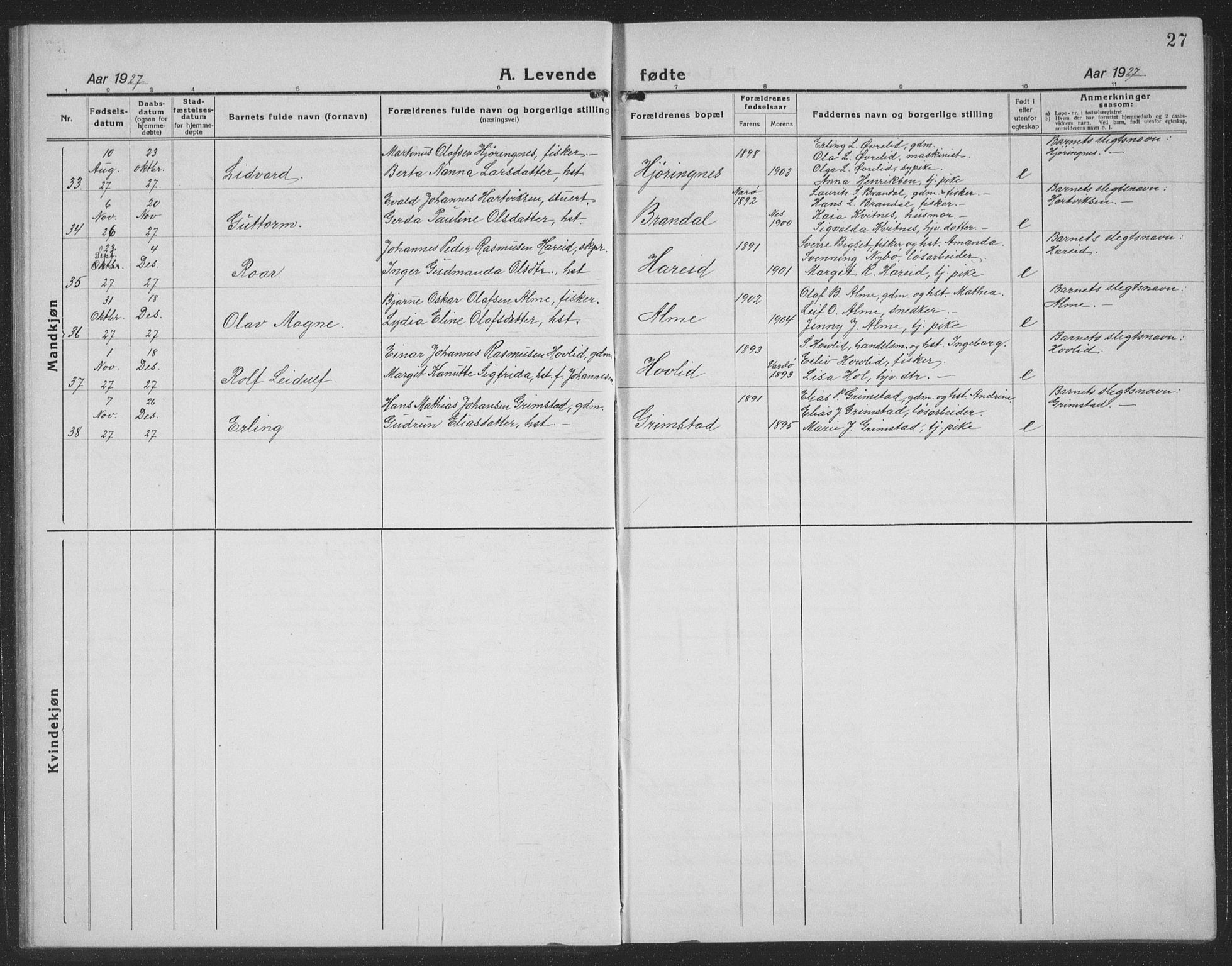 Ministerialprotokoller, klokkerbøker og fødselsregistre - Møre og Romsdal, AV/SAT-A-1454/510/L0127: Klokkerbok nr. 510C04, 1923-1939, s. 27