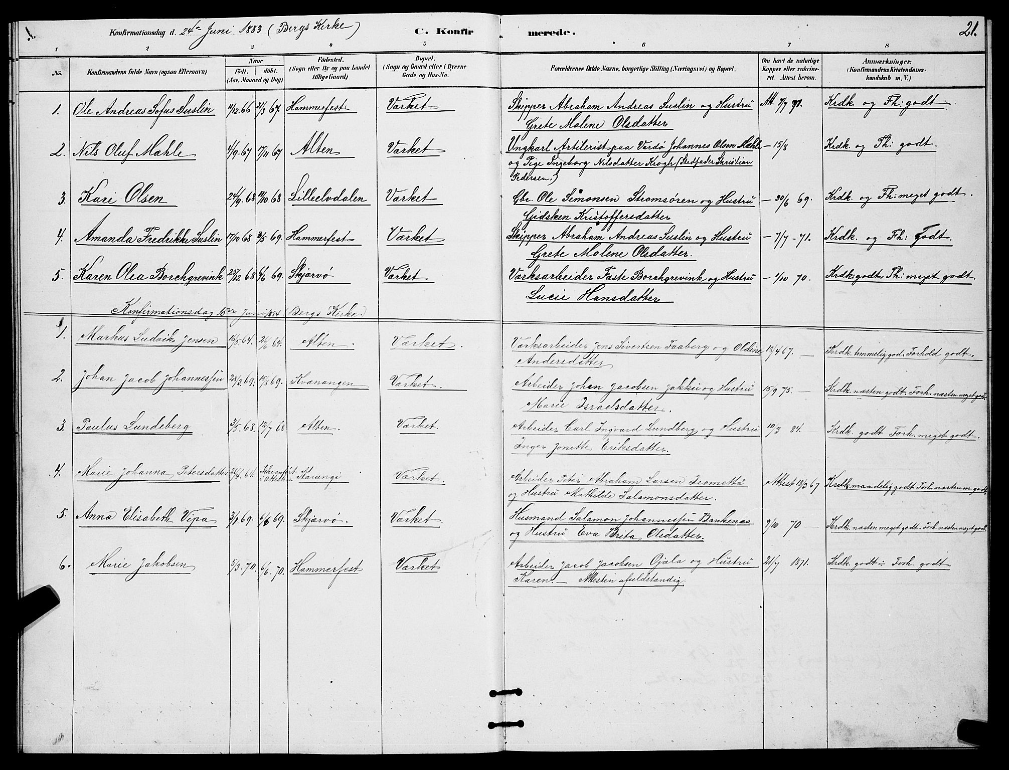 Berg sokneprestkontor, AV/SATØ-S-1318/G/Ga/Gab/L0017klokker: Klokkerbok nr. 17, 1881-1887, s. 21