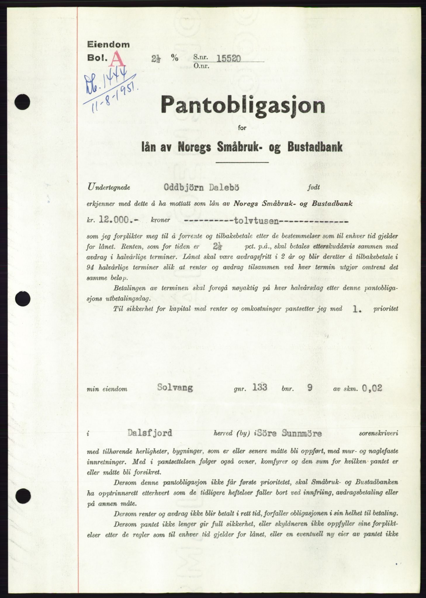 Søre Sunnmøre sorenskriveri, AV/SAT-A-4122/1/2/2C/L0120: Pantebok nr. 8B, 1951-1951, Dagboknr: 1444/1951