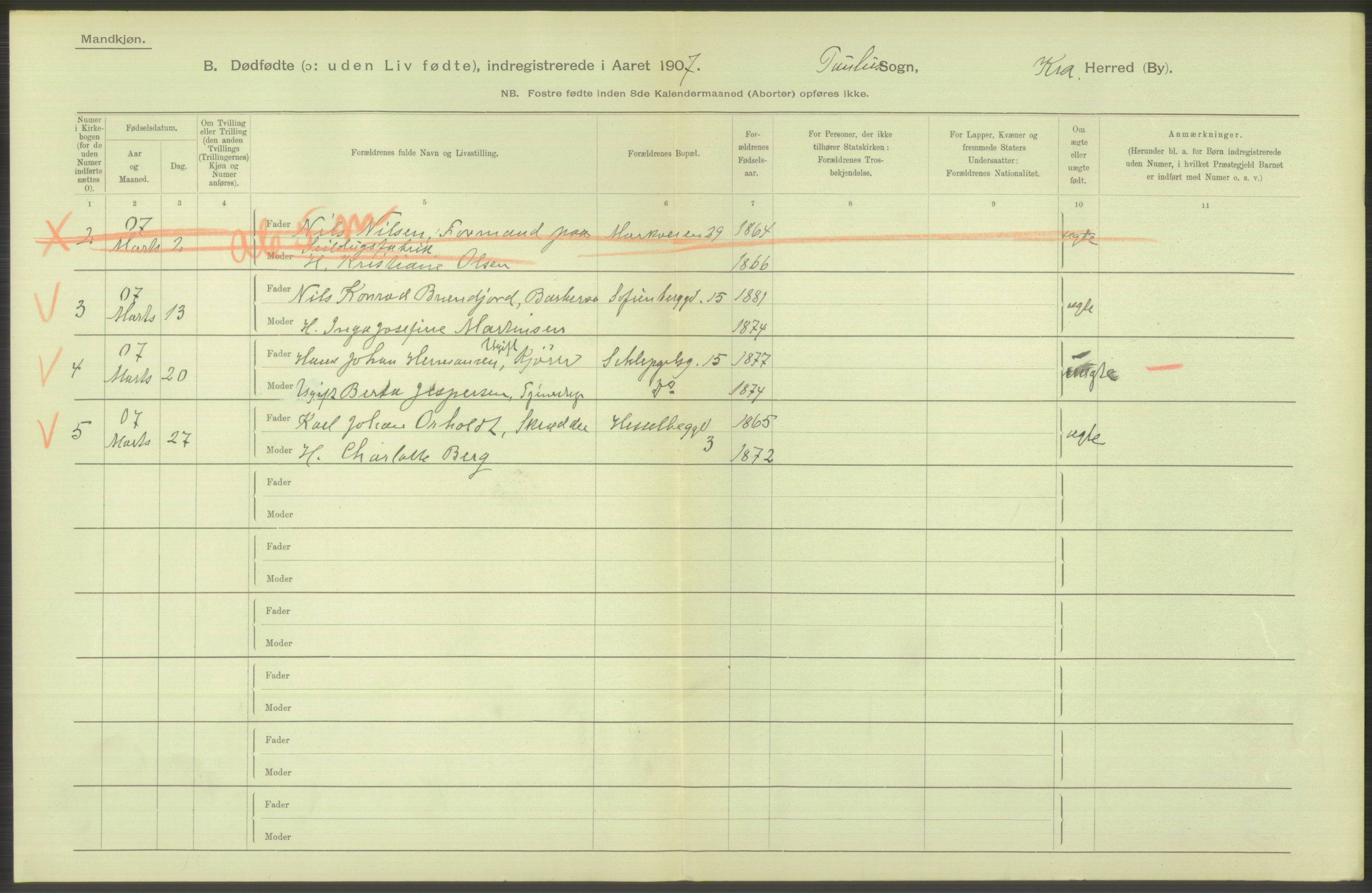 Statistisk sentralbyrå, Sosiodemografiske emner, Befolkning, RA/S-2228/D/Df/Dfa/Dfae/L0010: Kristiania: Døde, dødfødte, 1907, s. 82