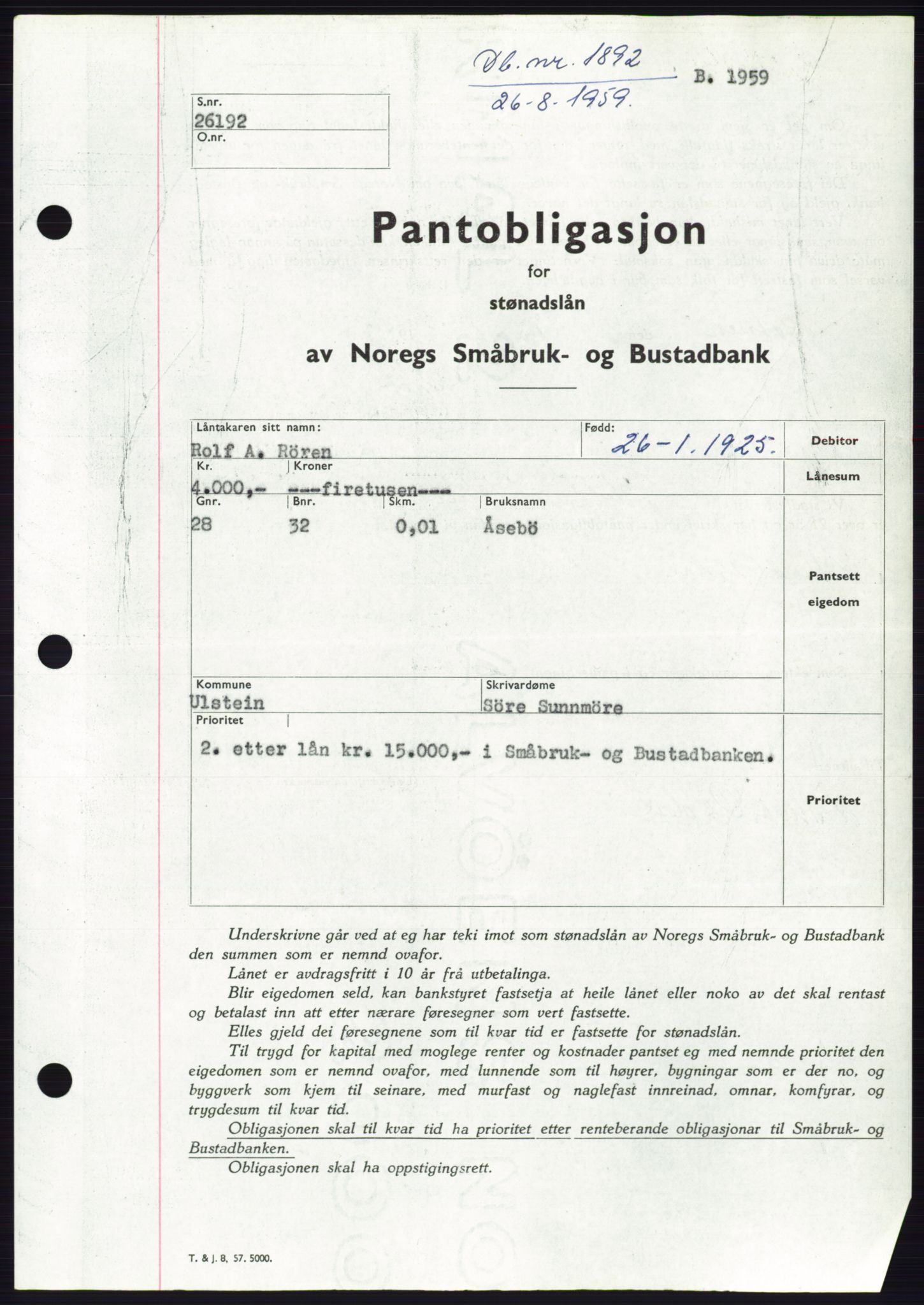 Søre Sunnmøre sorenskriveri, SAT/A-4122/1/2/2C/L0133: Pantebok nr. 21B, 1959-1959, Dagboknr: 1892/1959