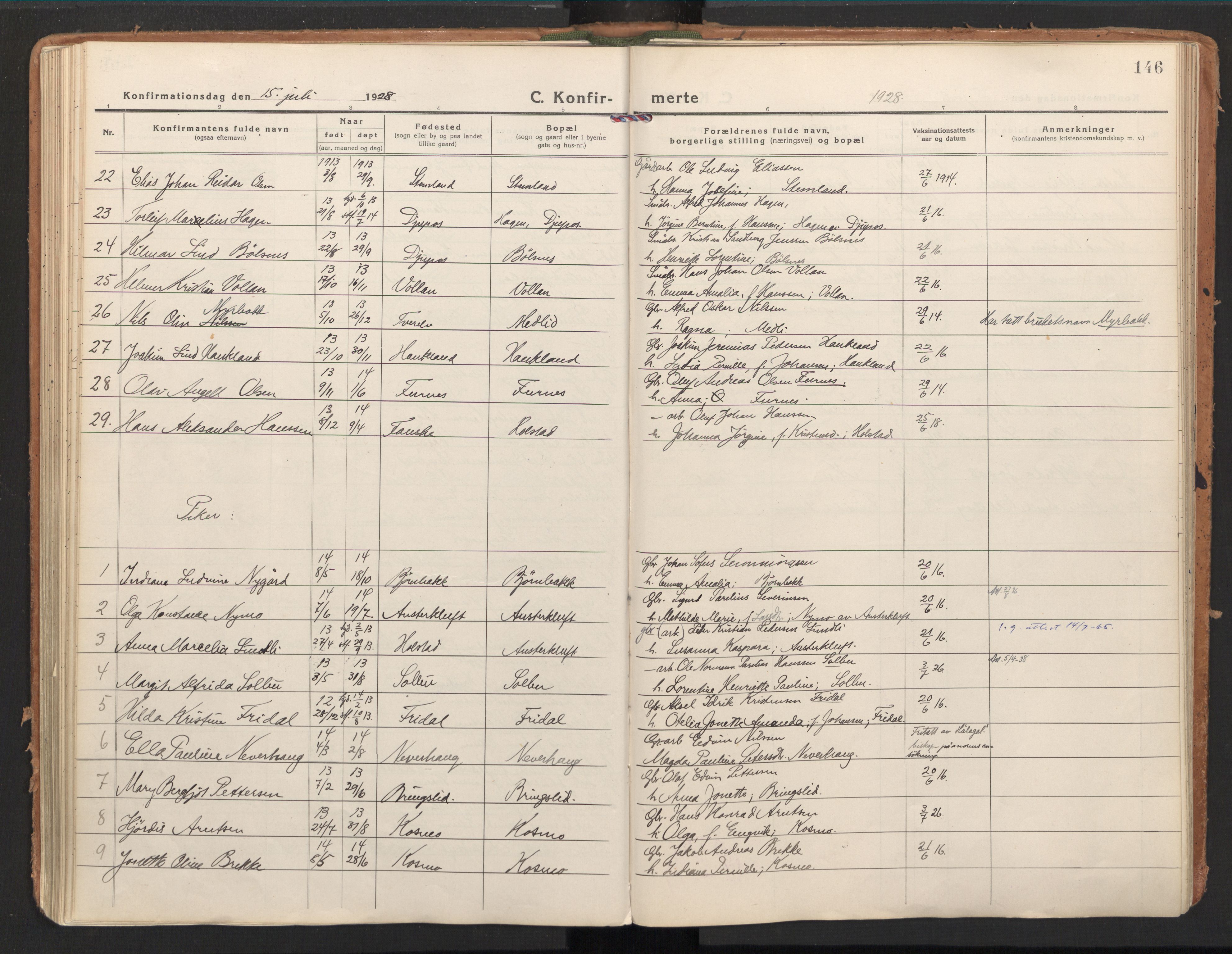 Ministerialprotokoller, klokkerbøker og fødselsregistre - Nordland, AV/SAT-A-1459/851/L0725: Ministerialbok nr. 851A02, 1922-1944, s. 146