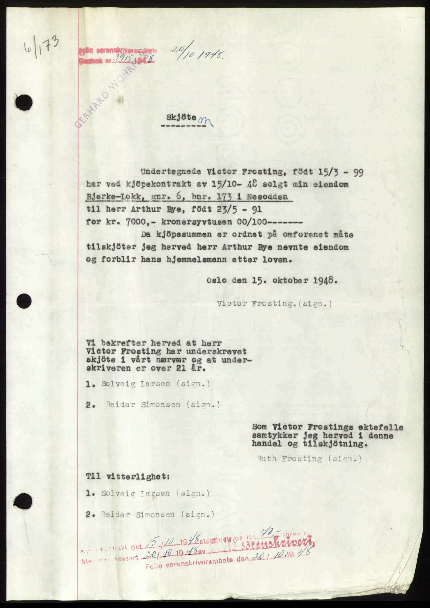 Follo sorenskriveri, SAO/A-10274/G/Ga/Gaa/L0085: Pantebok nr. I 85, 1948-1948, Dagboknr: 3915/1948