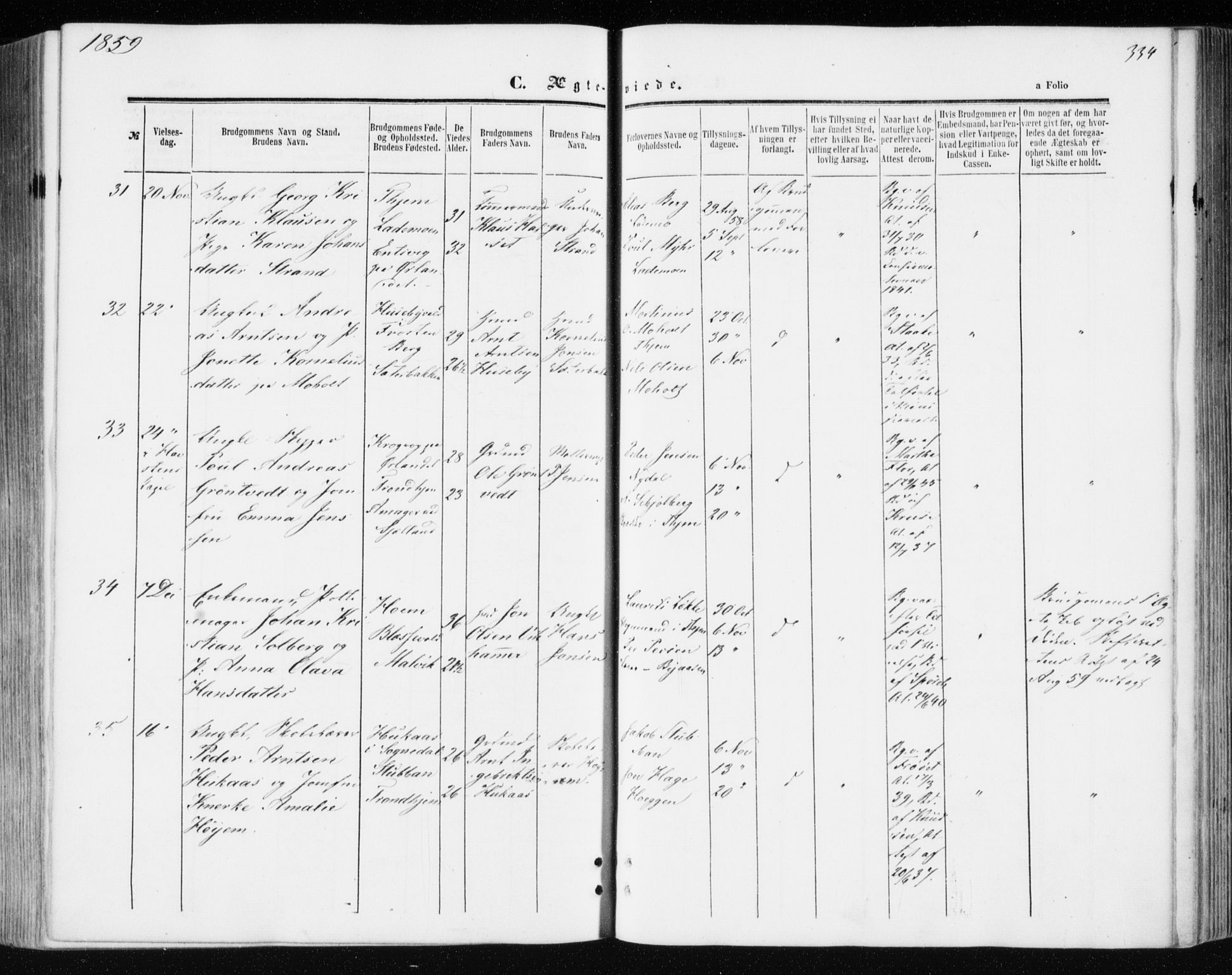 Ministerialprotokoller, klokkerbøker og fødselsregistre - Sør-Trøndelag, SAT/A-1456/606/L0292: Ministerialbok nr. 606A07, 1856-1865, s. 334