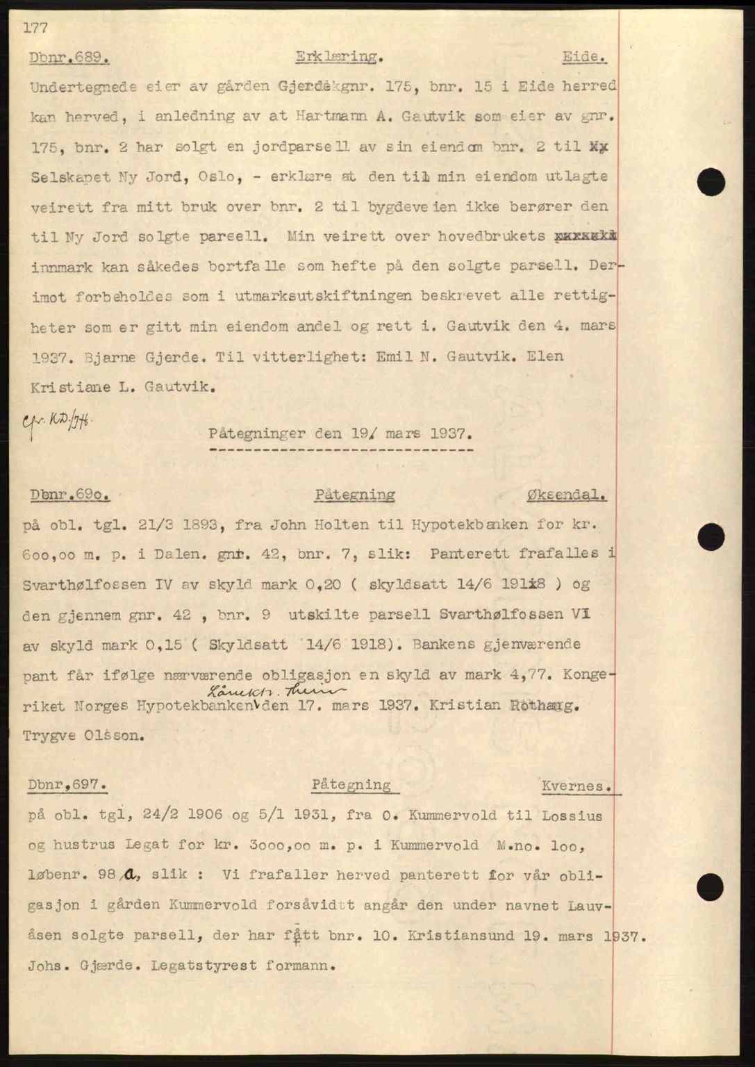 Nordmøre sorenskriveri, SAT/A-4132/1/2/2Ca: Pantebok nr. C80, 1936-1939, Dagboknr: 689/1937