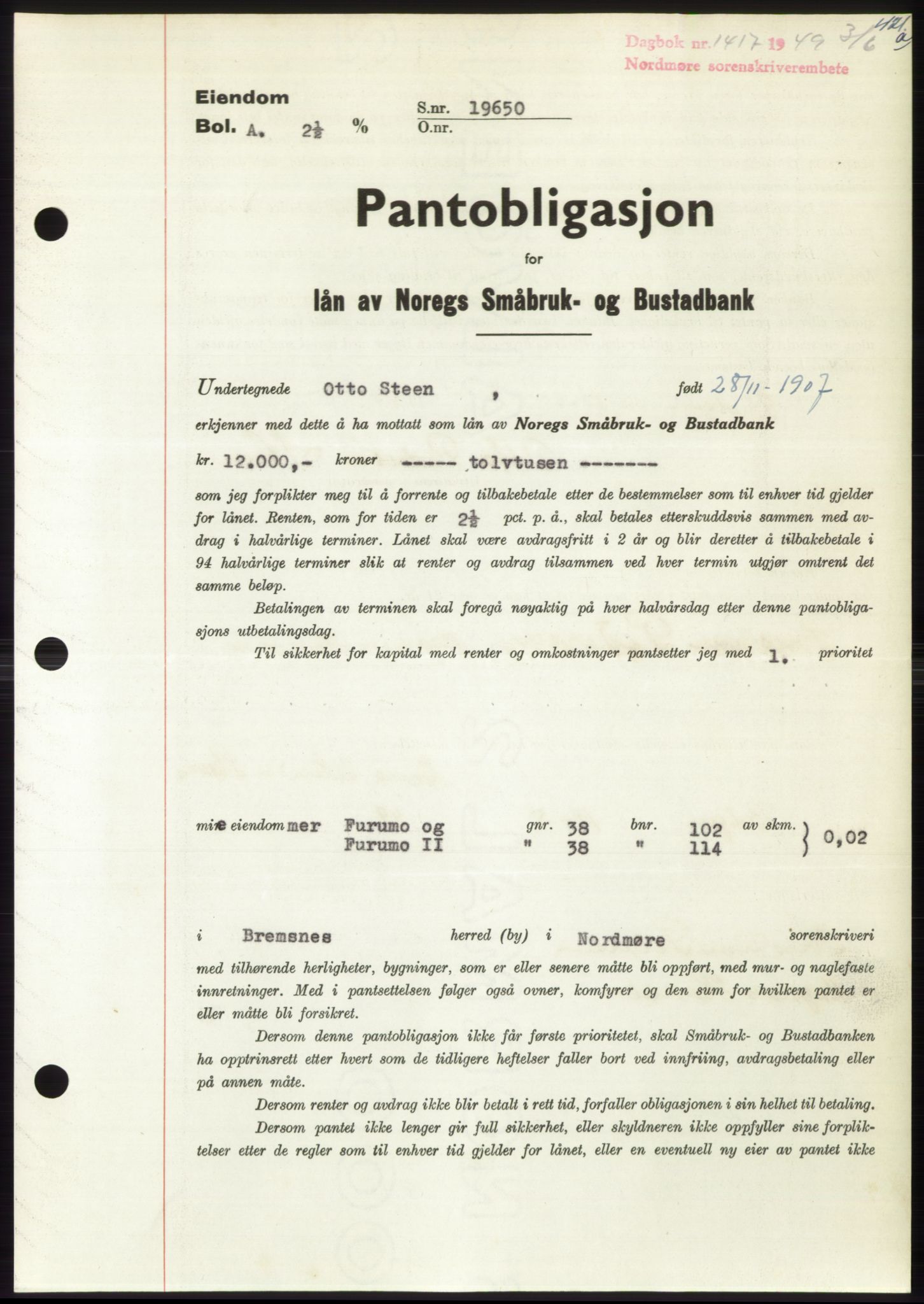 Nordmøre sorenskriveri, SAT/A-4132/1/2/2Ca: Pantebok nr. B101, 1949-1949, Dagboknr: 1417/1949