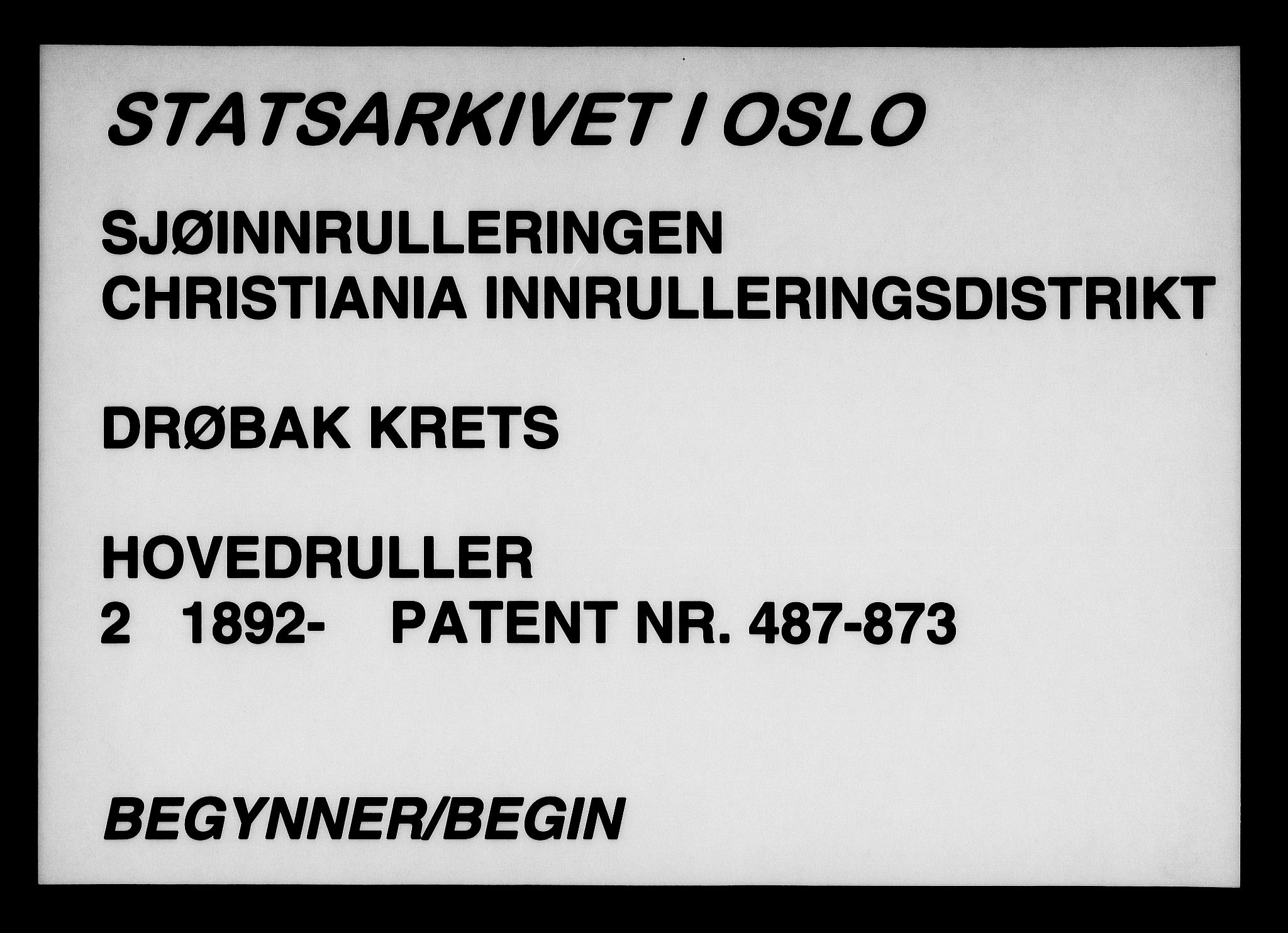 Drøbak mønstringskontor, SAO/A-10569f/F/Fc/Fcb/L0003: Hovedrulle, patent nr. 487-873, 1892, s. 1