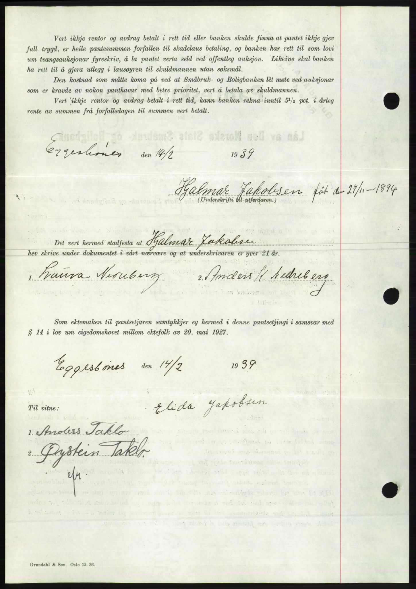 Søre Sunnmøre sorenskriveri, AV/SAT-A-4122/1/2/2C/L0067: Pantebok nr. 61, 1938-1939, Dagboknr: 275/1939