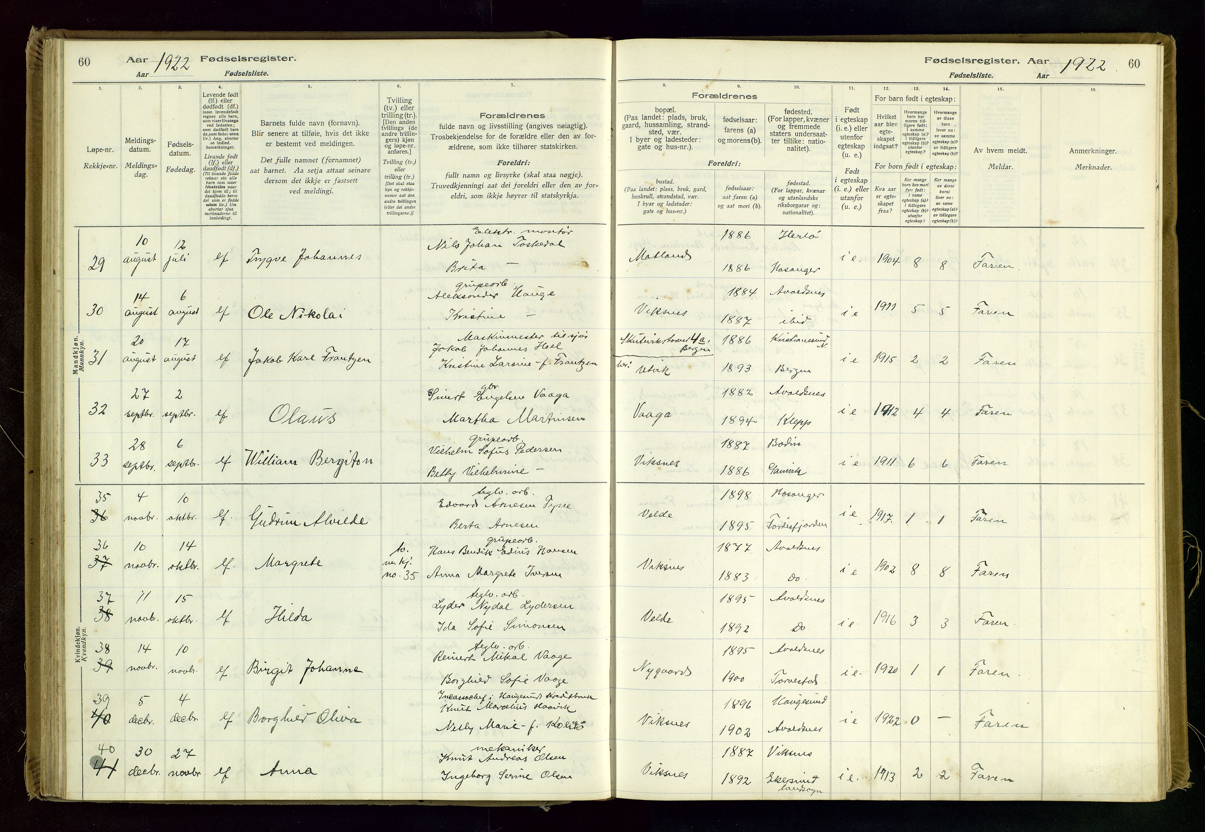 Avaldsnes sokneprestkontor, AV/SAST-A -101851/I/Id/L0001: Fødselsregister nr. 1, 1916-1946, s. 60