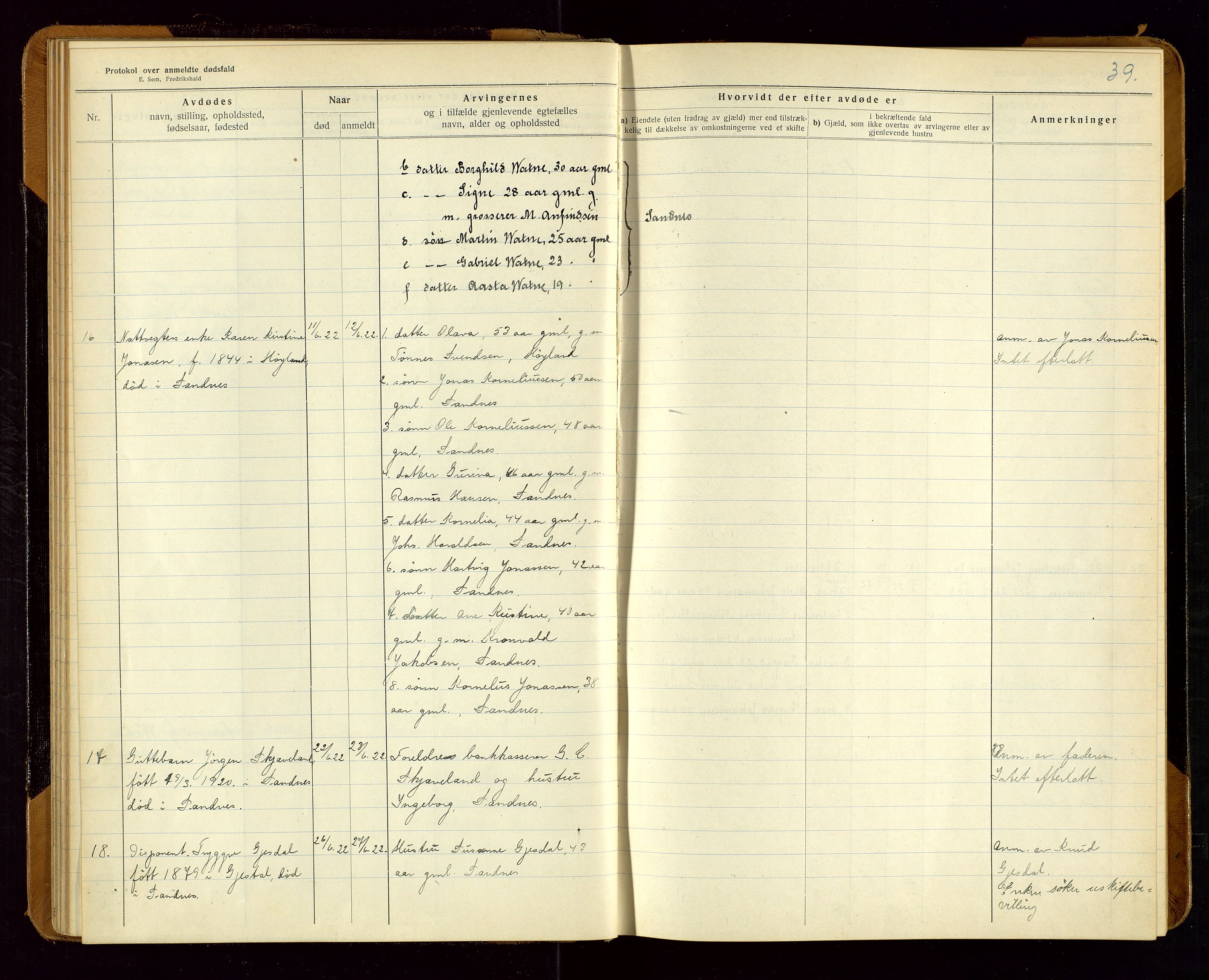 Sandnes lensmannskontor, AV/SAST-A-100167/Gga/L0001: "Protokol over anmeldte dødsfald" m/register, 1918-1940, s. 39