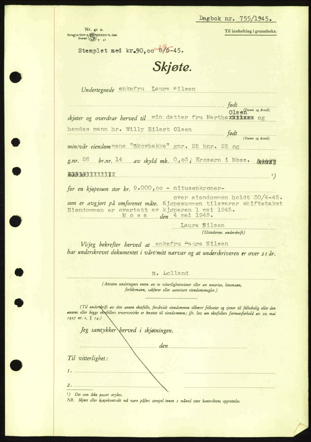 Moss sorenskriveri, SAO/A-10168: Pantebok nr. A13, 1944-1945, Dagboknr: 755/1945
