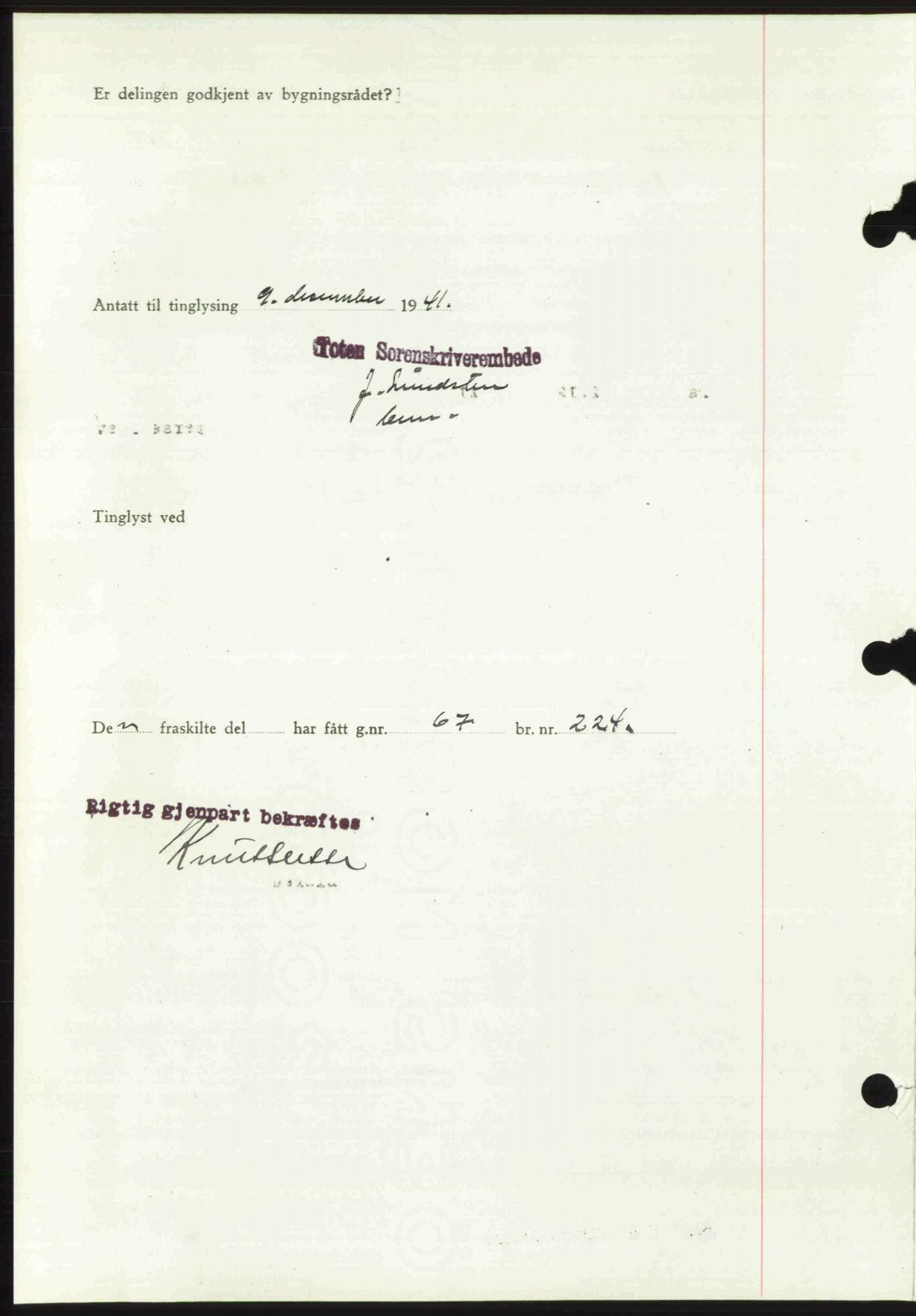 Toten tingrett, SAH/TING-006/H/Hb/Hbc/L0008: Pantebok nr. Hbc-08, 1941-1941, Dagboknr: 2417/1941