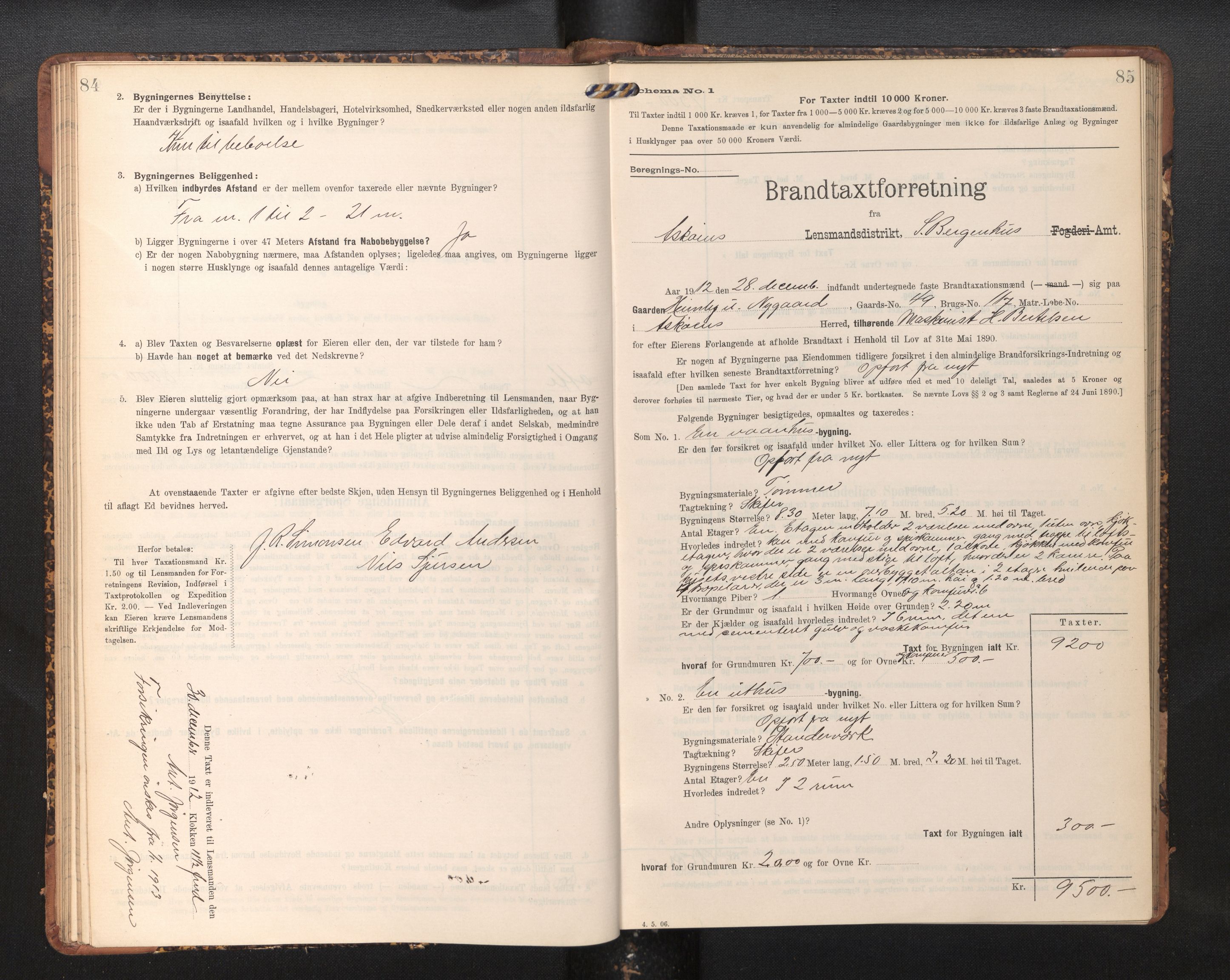 Lensmannen i Askøy, AV/SAB-A-31001/0012/L0006: Branntakstprotokoll, skjematakst, Laksevåg, 1907-1917, s. 84-85