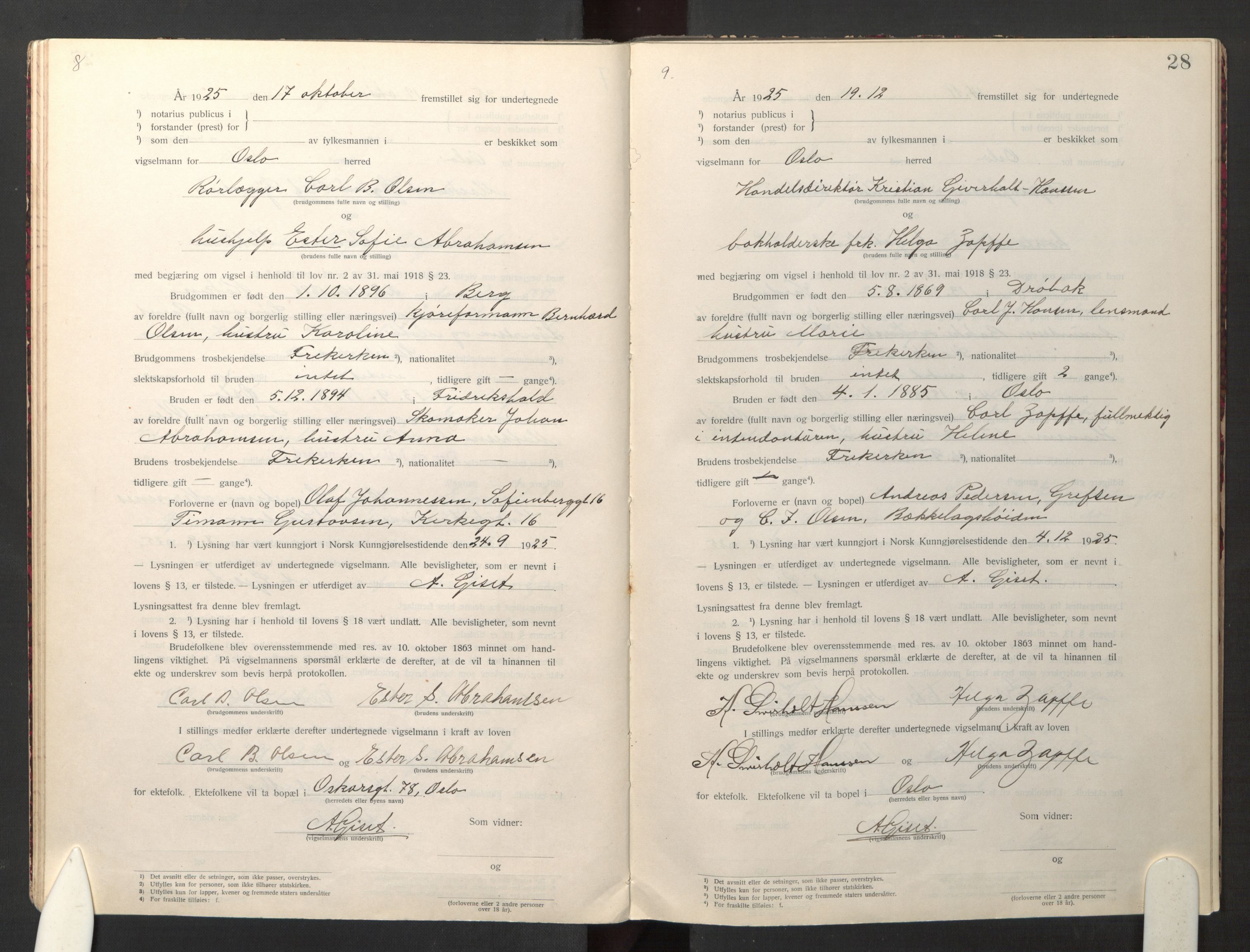 Den evangelisk-lutherske frikirke østre menighet, Oslo, AV/SAO-PAO-0245/F/L0005: Vigselsbok (dissentere) nr. 5, 1920-1941, s. 28