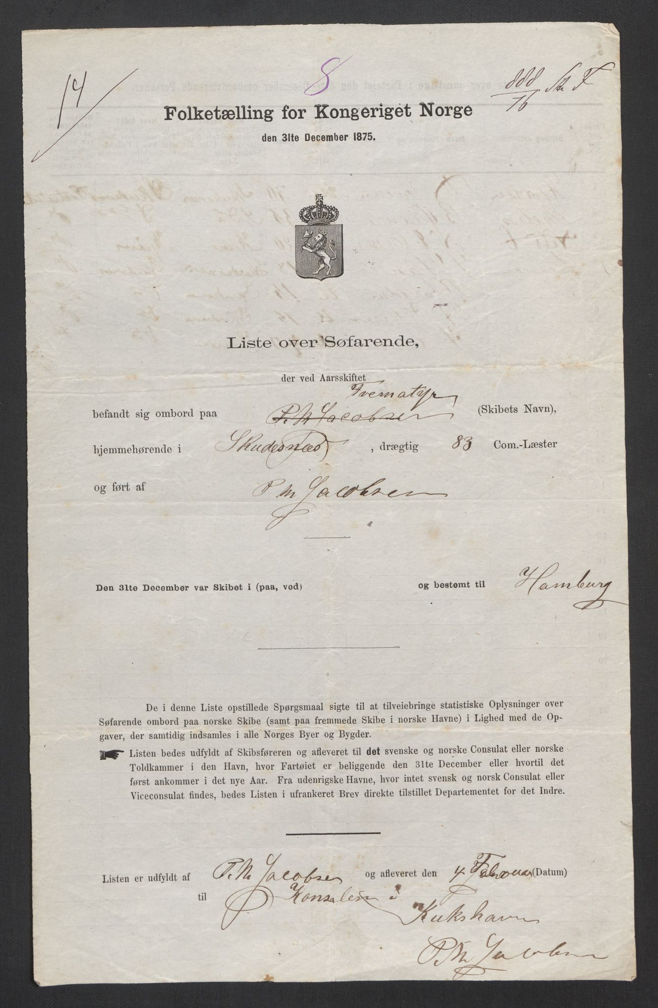 RA, Folketelling 1875, skipslister: Skip i utenrikske havner, hjemmehørende i 1) byer og ladesteder, Grimstad - Tromsø, 2) landdistrikter, 1875, s. 759