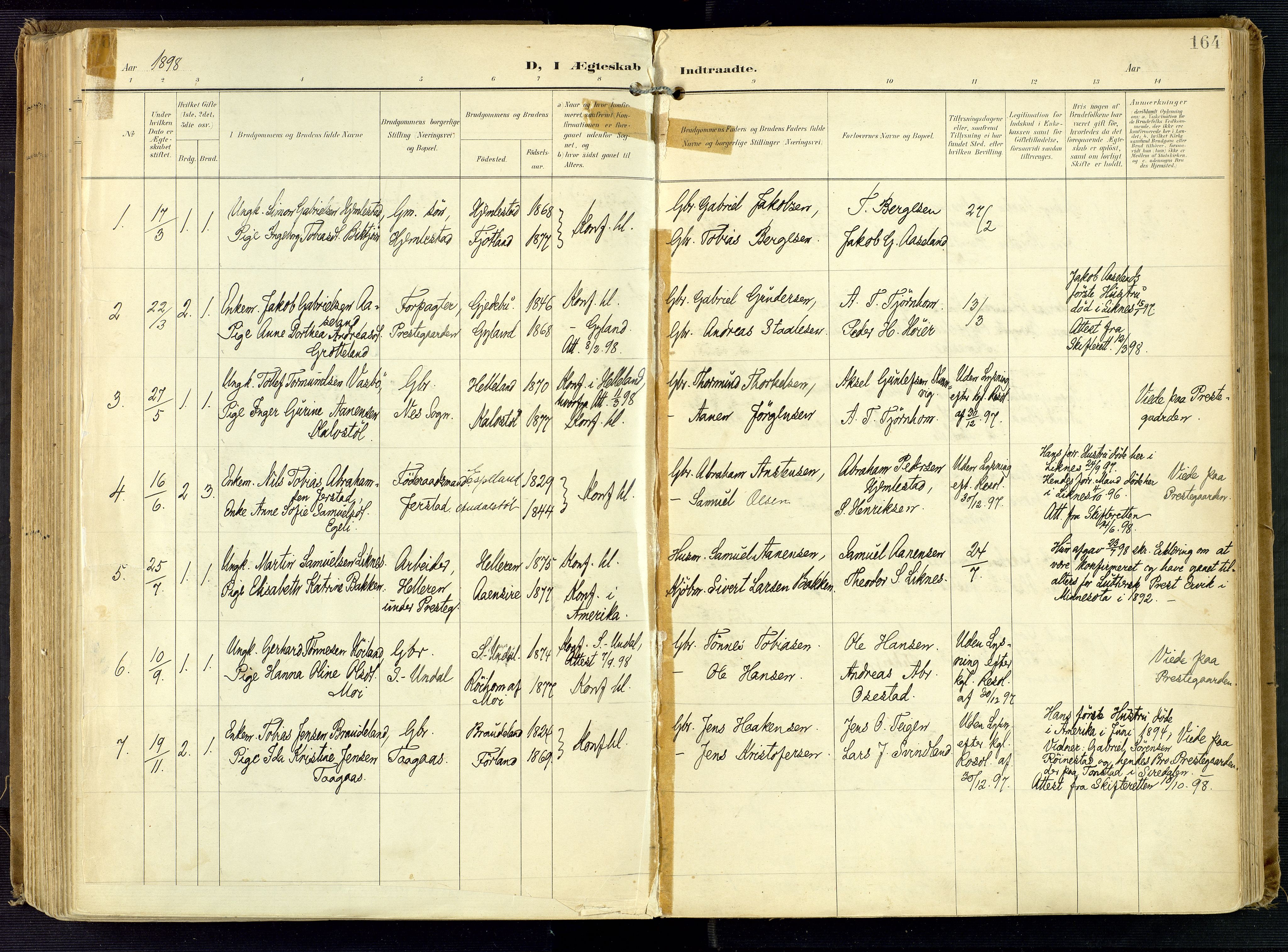 Kvinesdal sokneprestkontor, AV/SAK-1111-0026/F/Fa/Fab/L0009: Ministerialbok nr. A 9, 1898-1915, s. 164