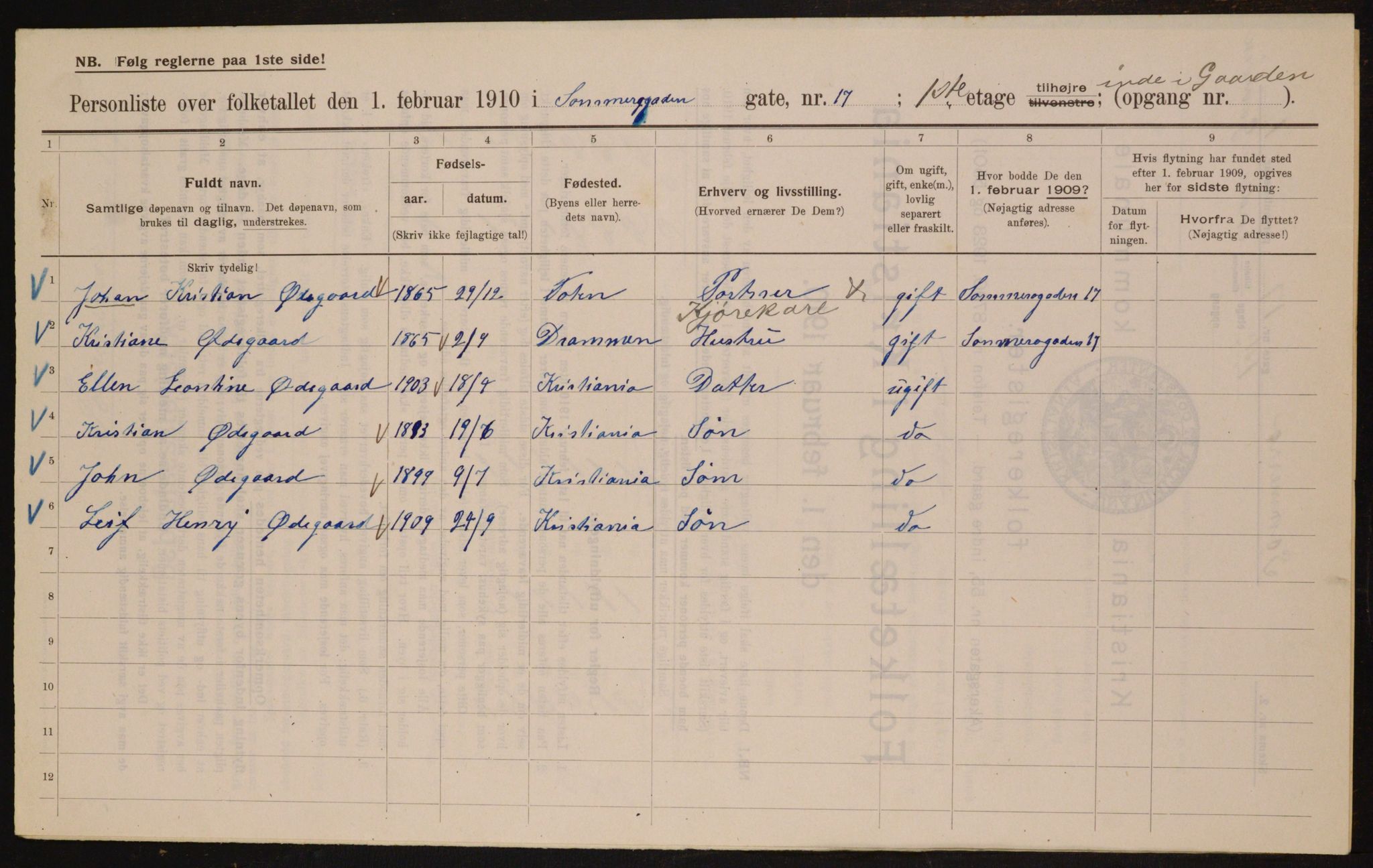 OBA, Kommunal folketelling 1.2.1910 for Kristiania, 1910, s. 95062