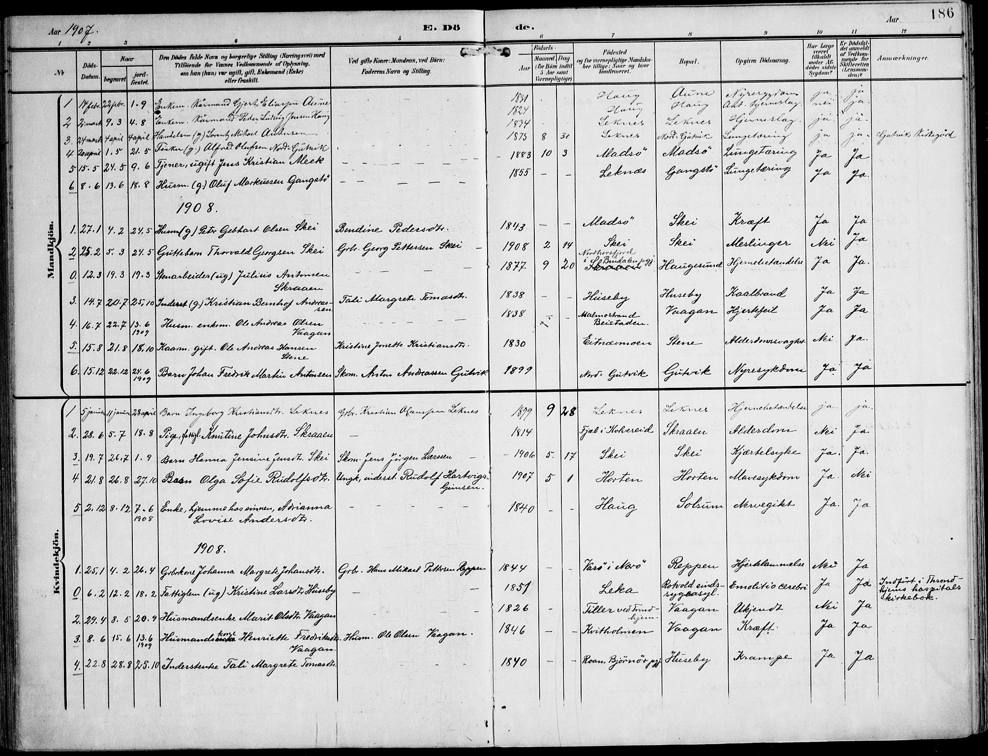 Ministerialprotokoller, klokkerbøker og fødselsregistre - Nord-Trøndelag, AV/SAT-A-1458/788/L0698: Ministerialbok nr. 788A05, 1902-1921, s. 186