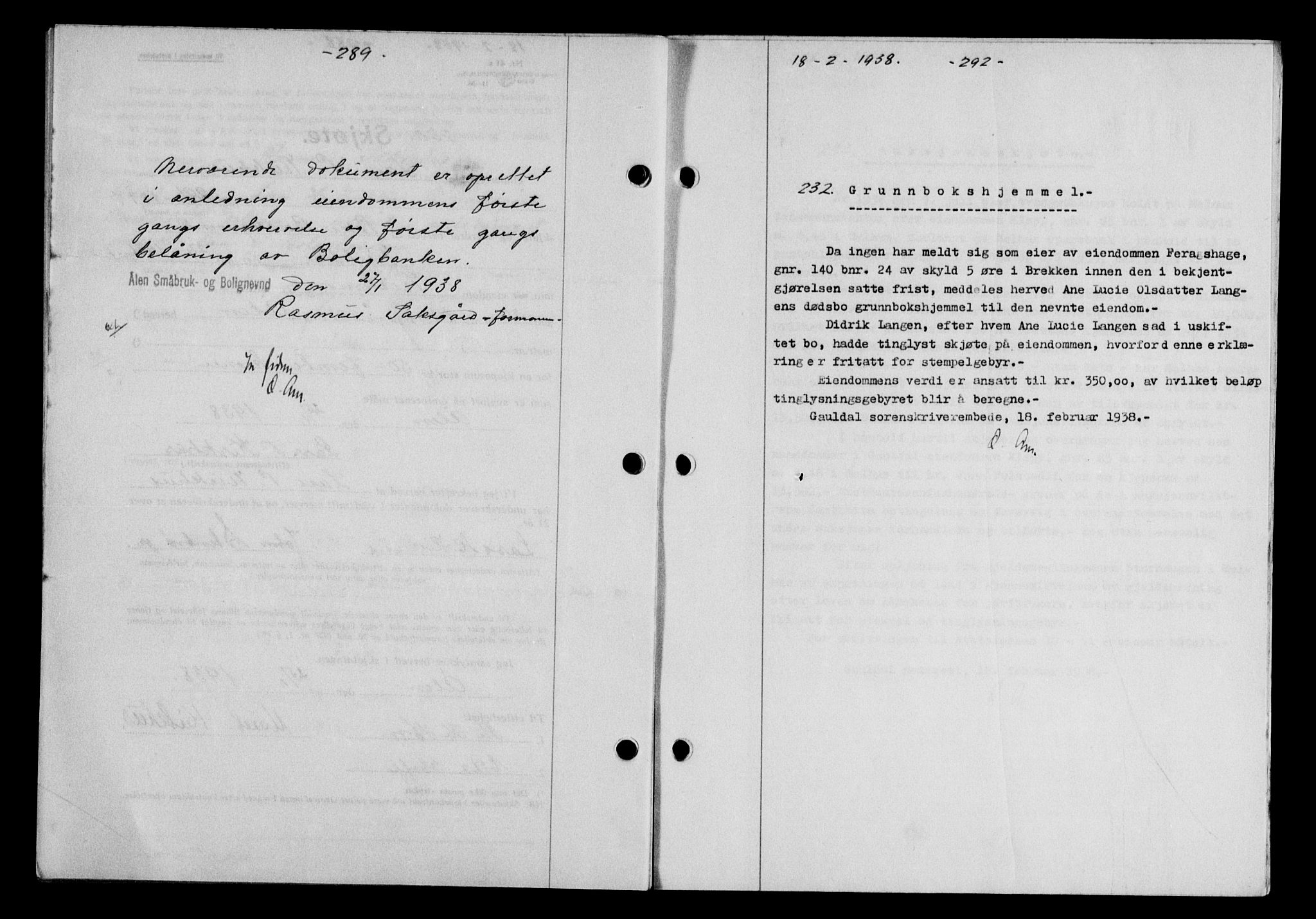 Gauldal sorenskriveri, SAT/A-0014/1/2/2C/L0048: Pantebok nr. 51-52, 1937-1938, s. 289, Dagboknr: 232/1938