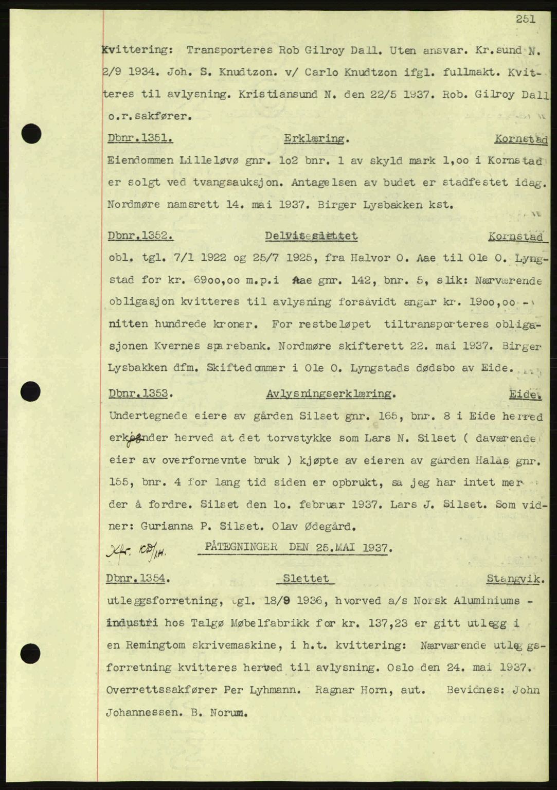 Nordmøre sorenskriveri, SAT/A-4132/1/2/2Ca: Pantebok nr. C80, 1936-1939, Dagboknr: 1351/1937