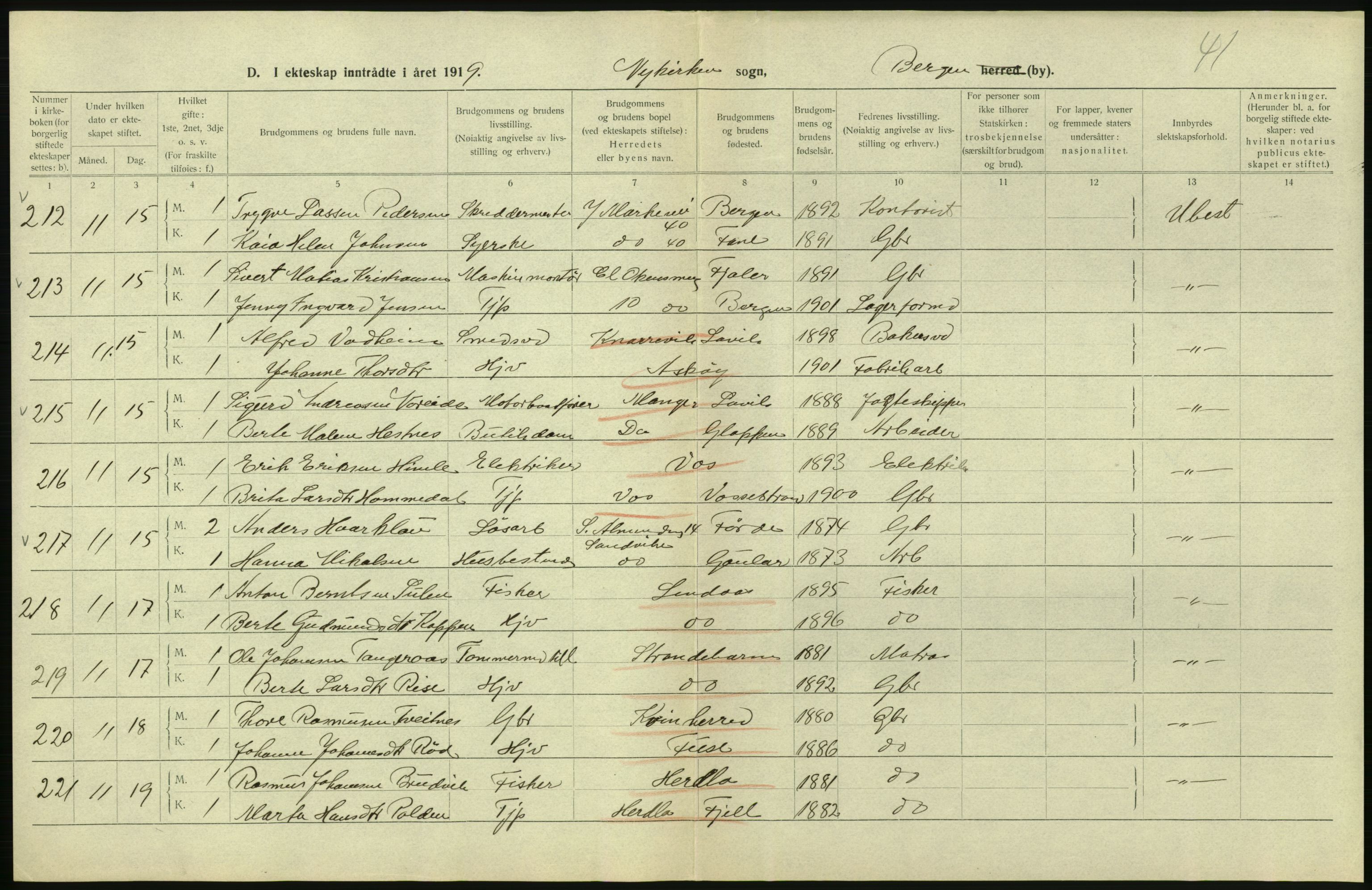 Statistisk sentralbyrå, Sosiodemografiske emner, Befolkning, AV/RA-S-2228/D/Df/Dfb/Dfbi/L0035: Bergen: Gifte, døde, dødfødte., 1919, s. 108