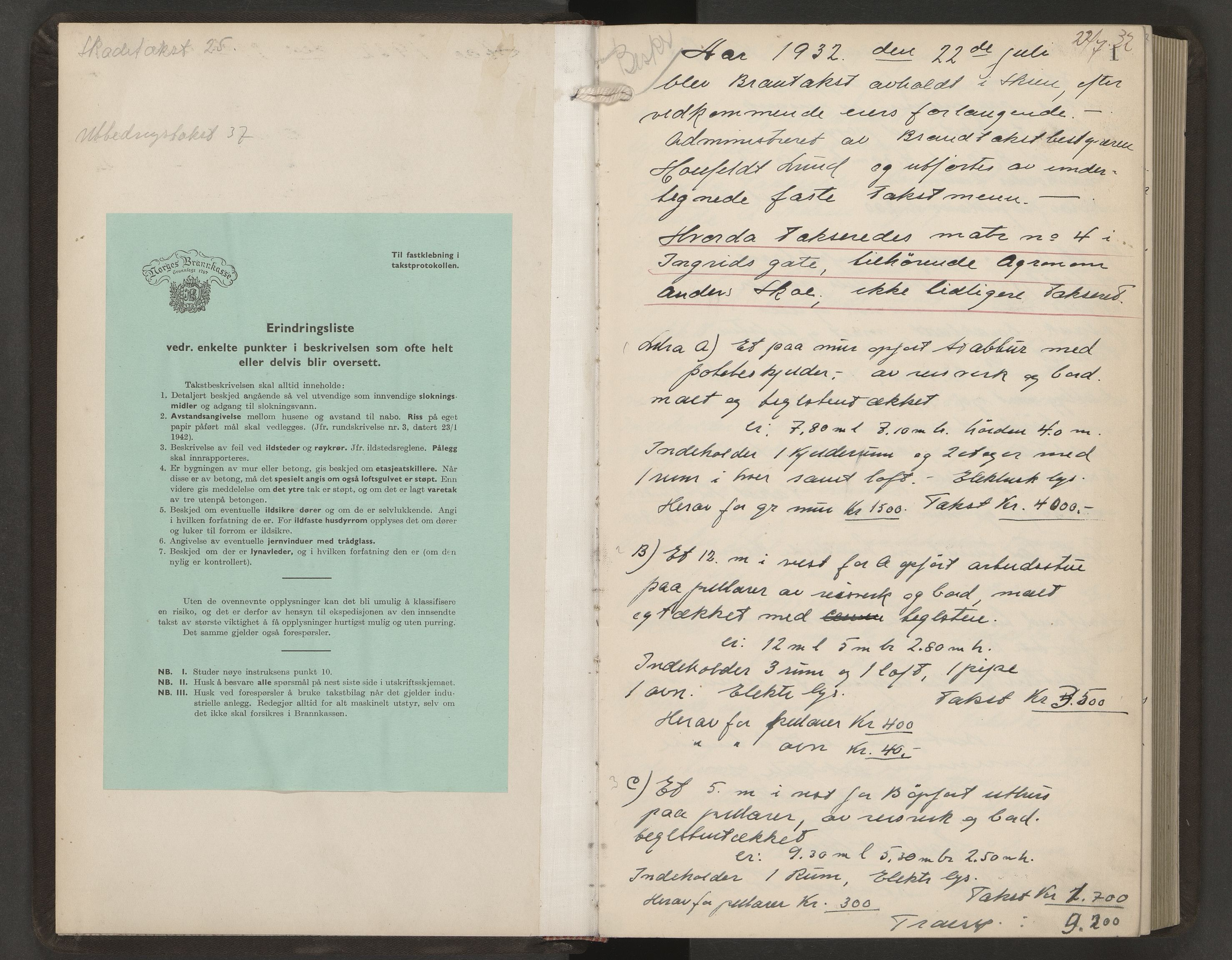 Skien magistrat, AV/SAKO-A-860/F/Fb/Fba/L0034: Branntakstprotokoll, 1932-1943