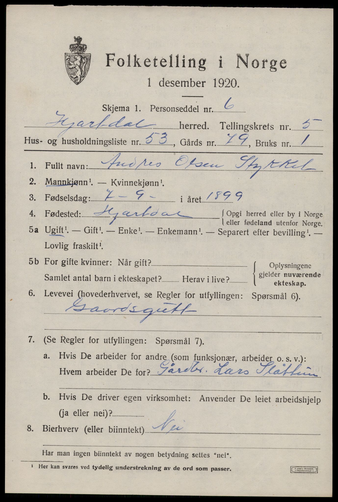 SAKO, Folketelling 1920 for 0827 Hjartdal herred, 1920, s. 4000