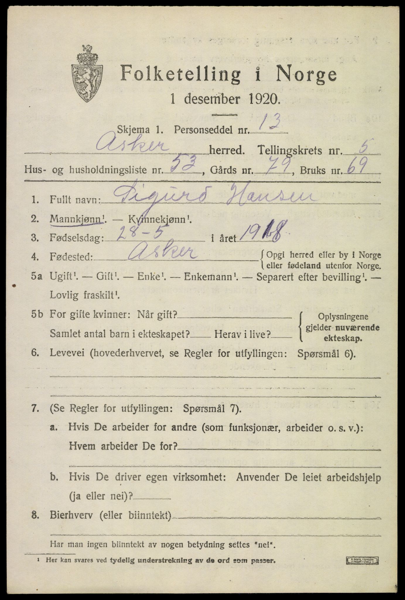SAO, Folketelling 1920 for 0220 Asker herred, 1920, s. 13278