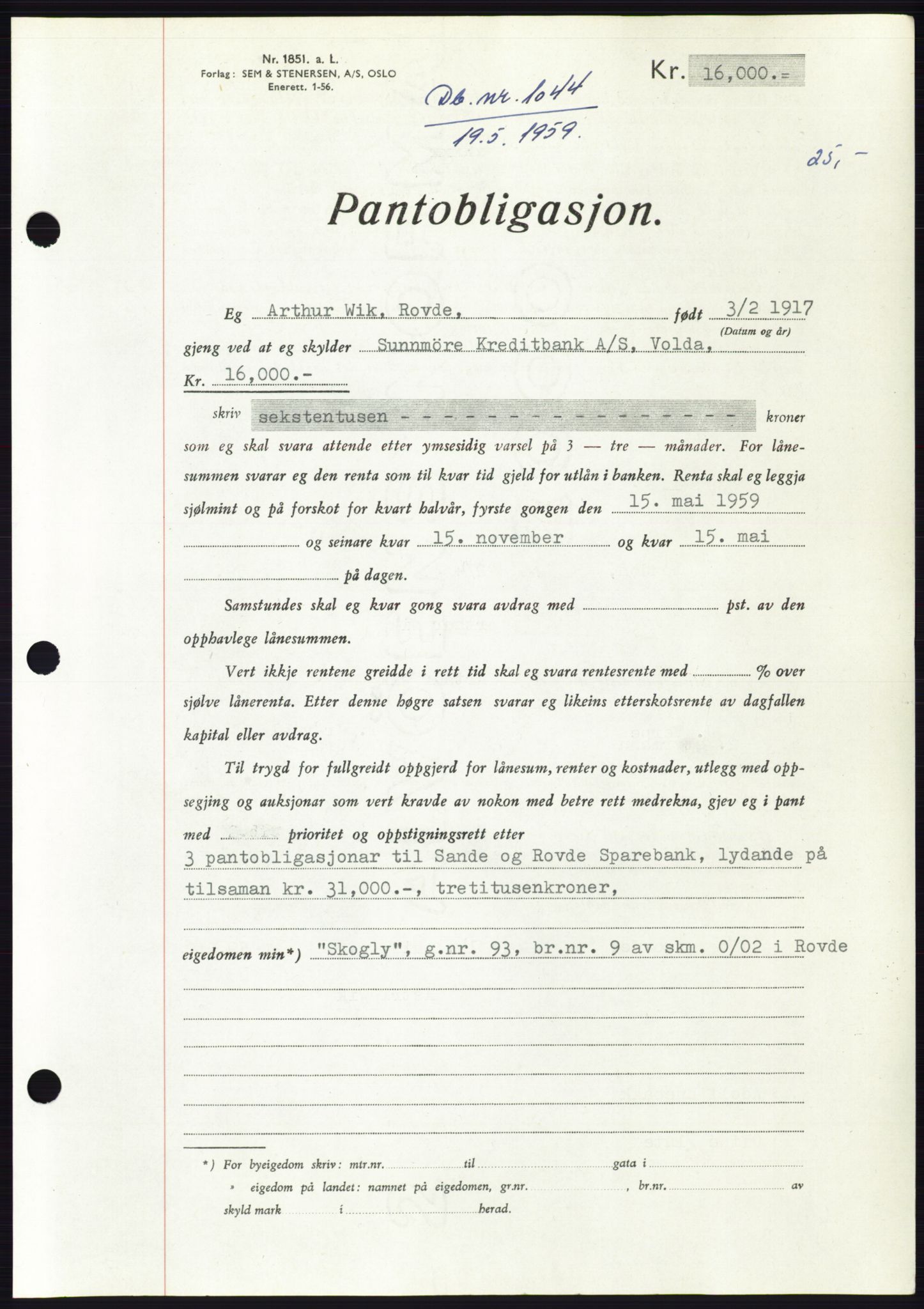 Søre Sunnmøre sorenskriveri, SAT/A-4122/1/2/2C/L0133: Pantebok nr. 21B, 1959-1959, Dagboknr: 1044/1959