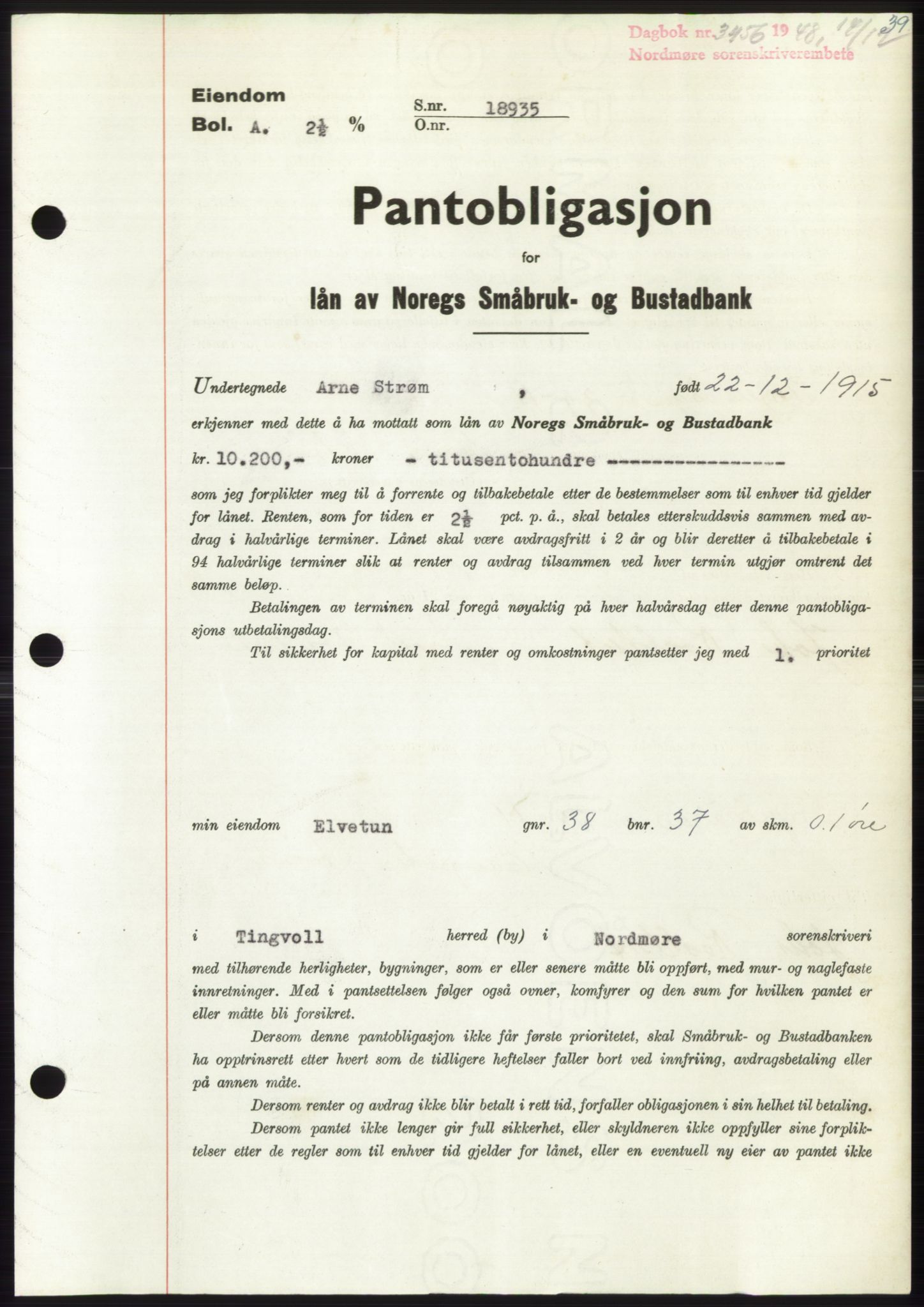 Nordmøre sorenskriveri, SAT/A-4132/1/2/2Ca: Pantebok nr. B100, 1948-1949, Dagboknr: 3456/1948