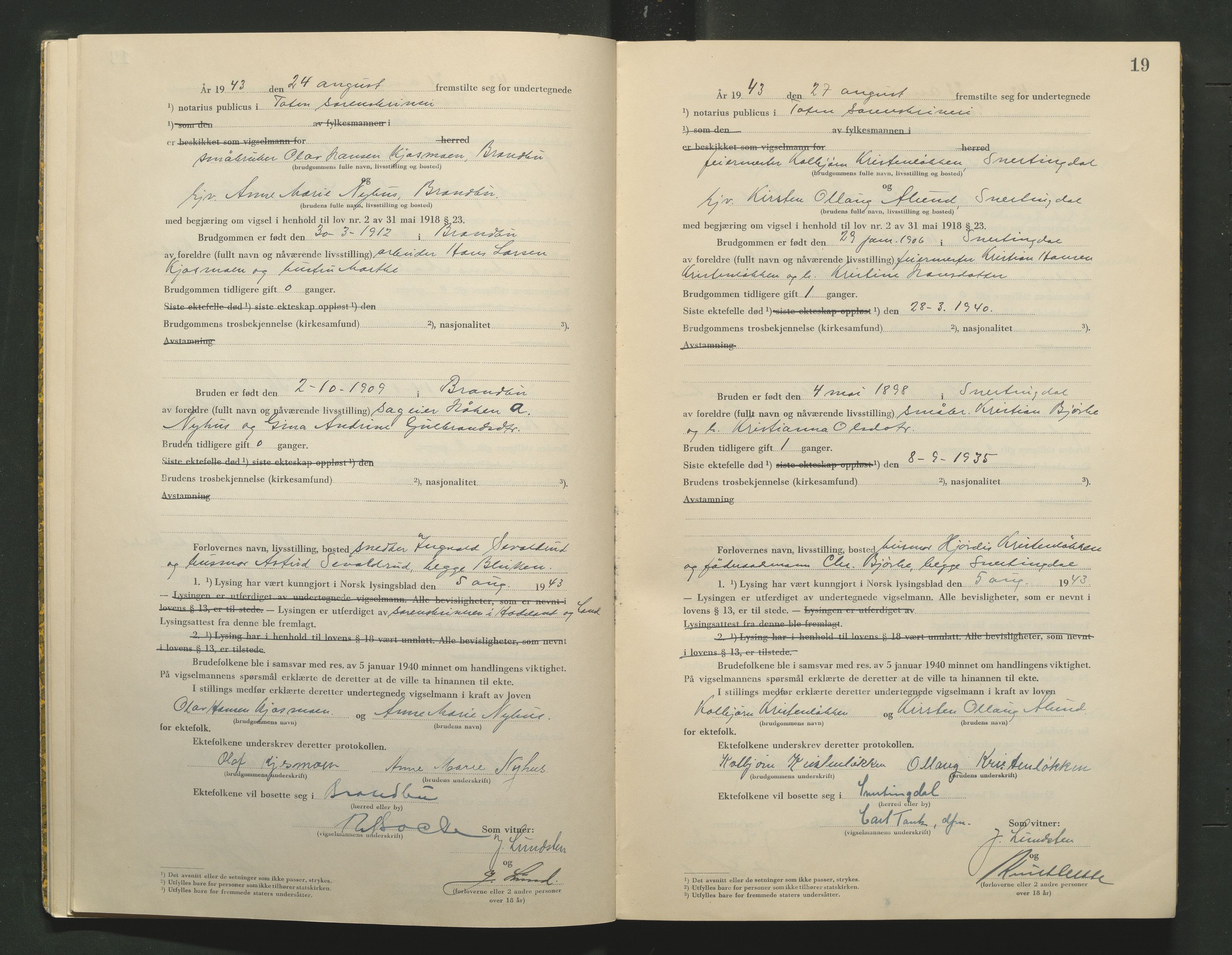 Toten tingrett, AV/SAH-TING-006/L/Lc/L0003: Vigselbok, 1943-1944, s. 19