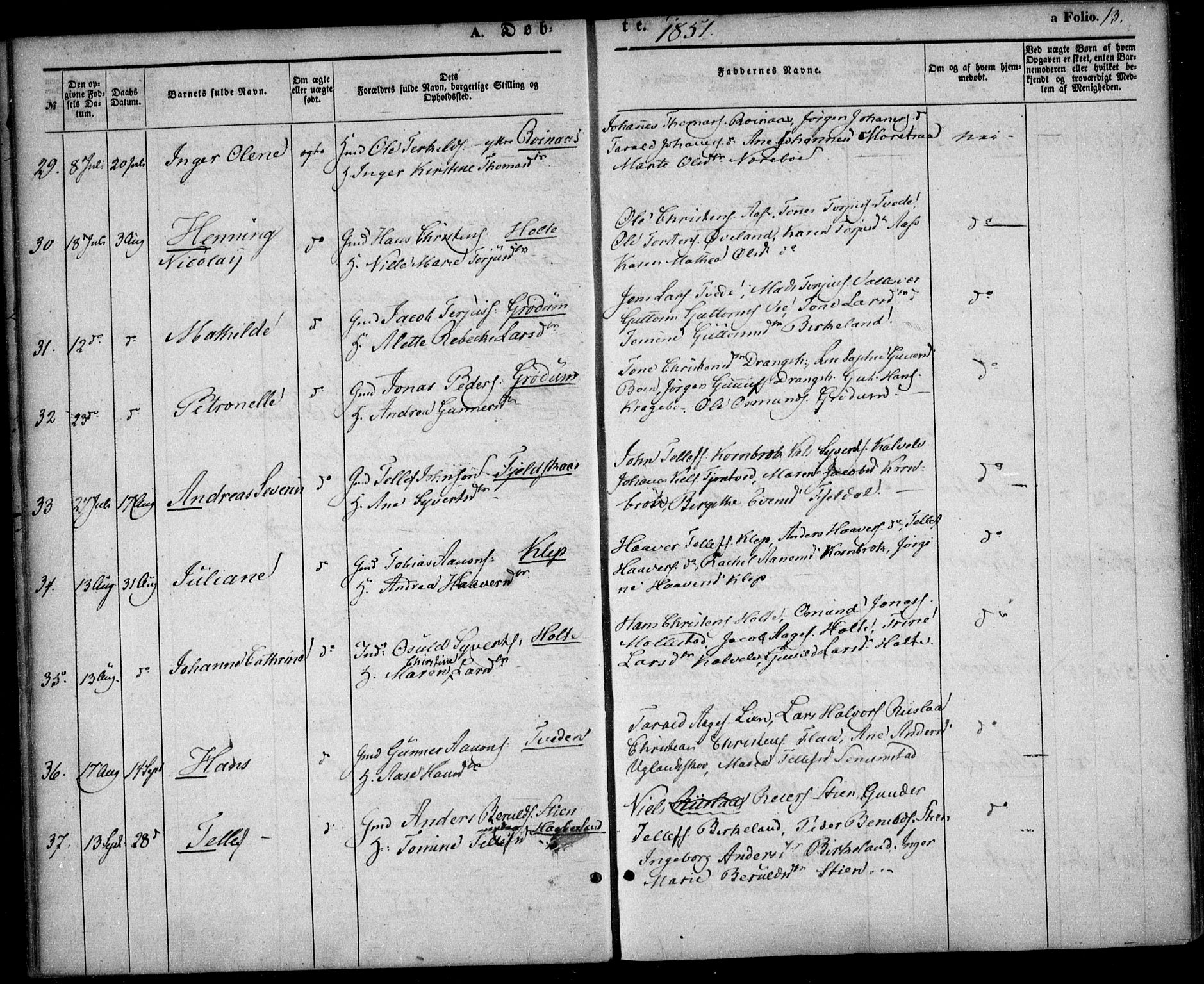 Birkenes sokneprestkontor, AV/SAK-1111-0004/F/Fa/L0003: Ministerialbok nr. A 3, 1850-1866, s. 13