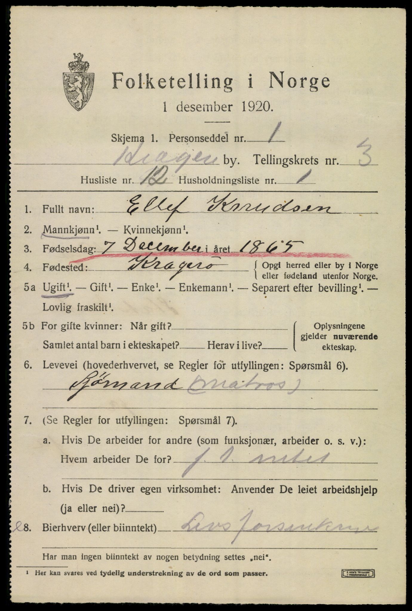 SAKO, Folketelling 1920 for 0801 Kragerø kjøpstad, 1920, s. 7227