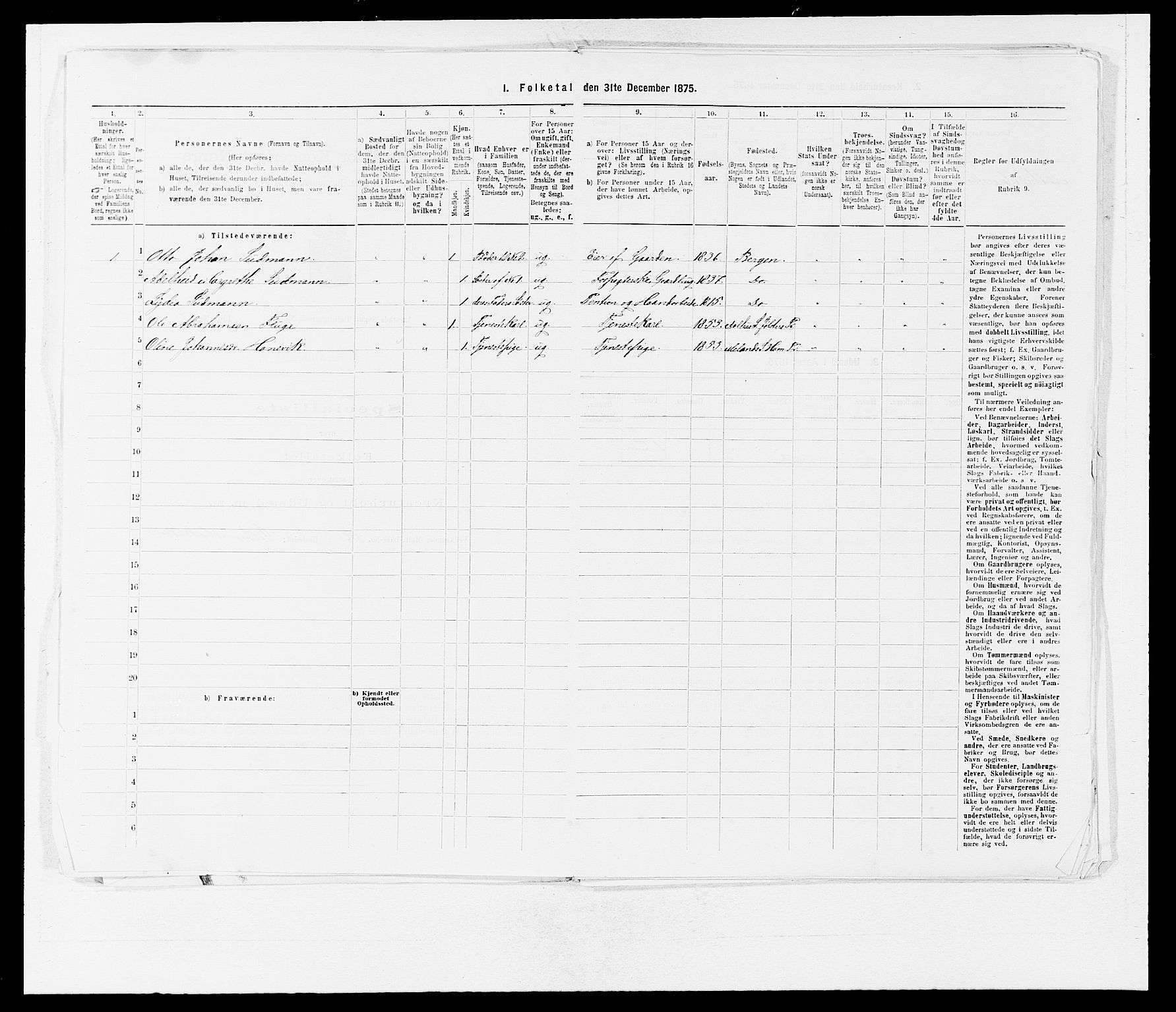 SAB, Folketelling 1875 for 1280P Årstad prestegjeld, 1875, s. 16