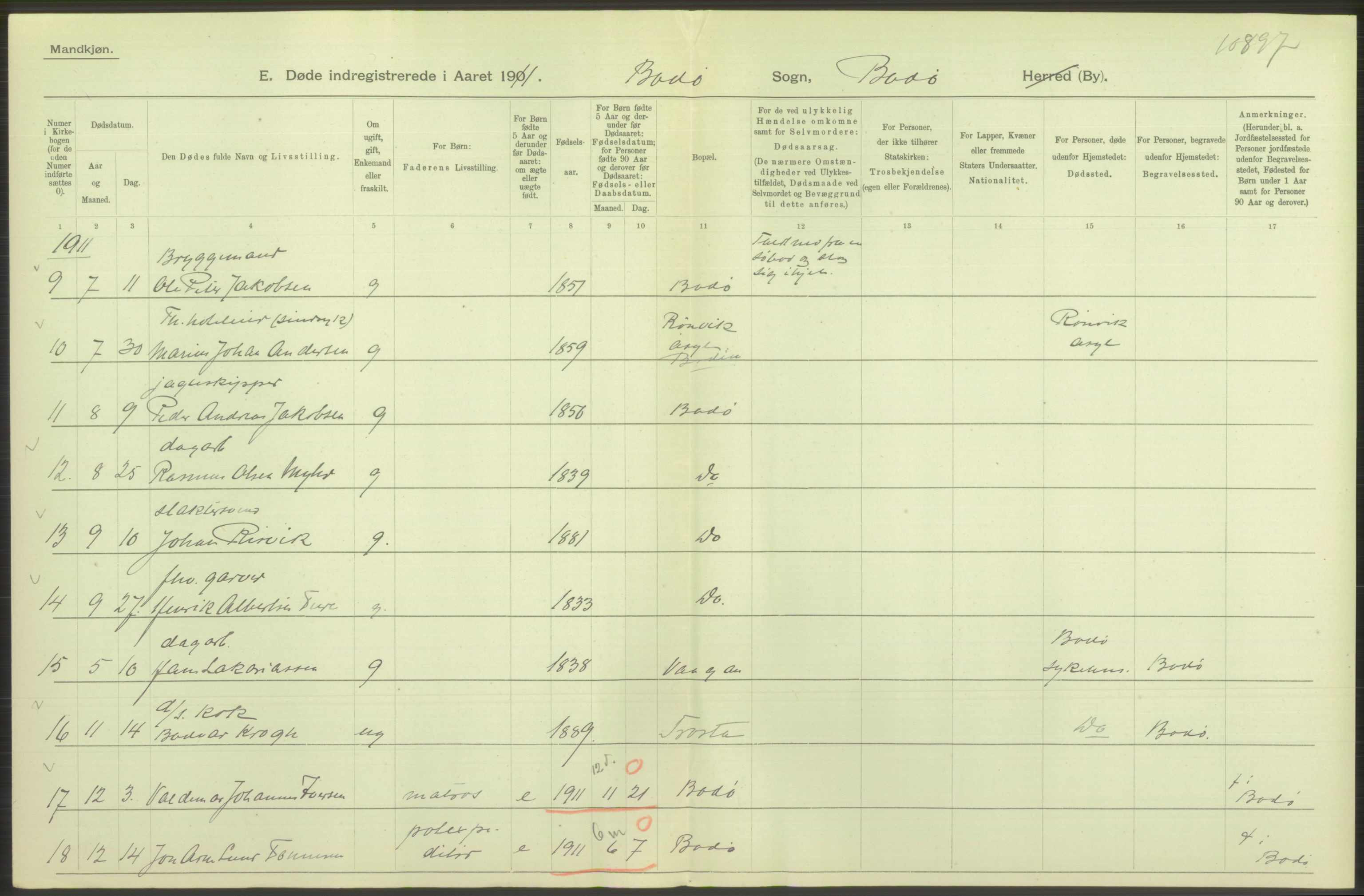 Statistisk sentralbyrå, Sosiodemografiske emner, Befolkning, RA/S-2228/D/Df/Dfb/Dfba/L0046: Nordlands amt:  Døde, dødfødte. Bygder og byer., 1911, s. 34