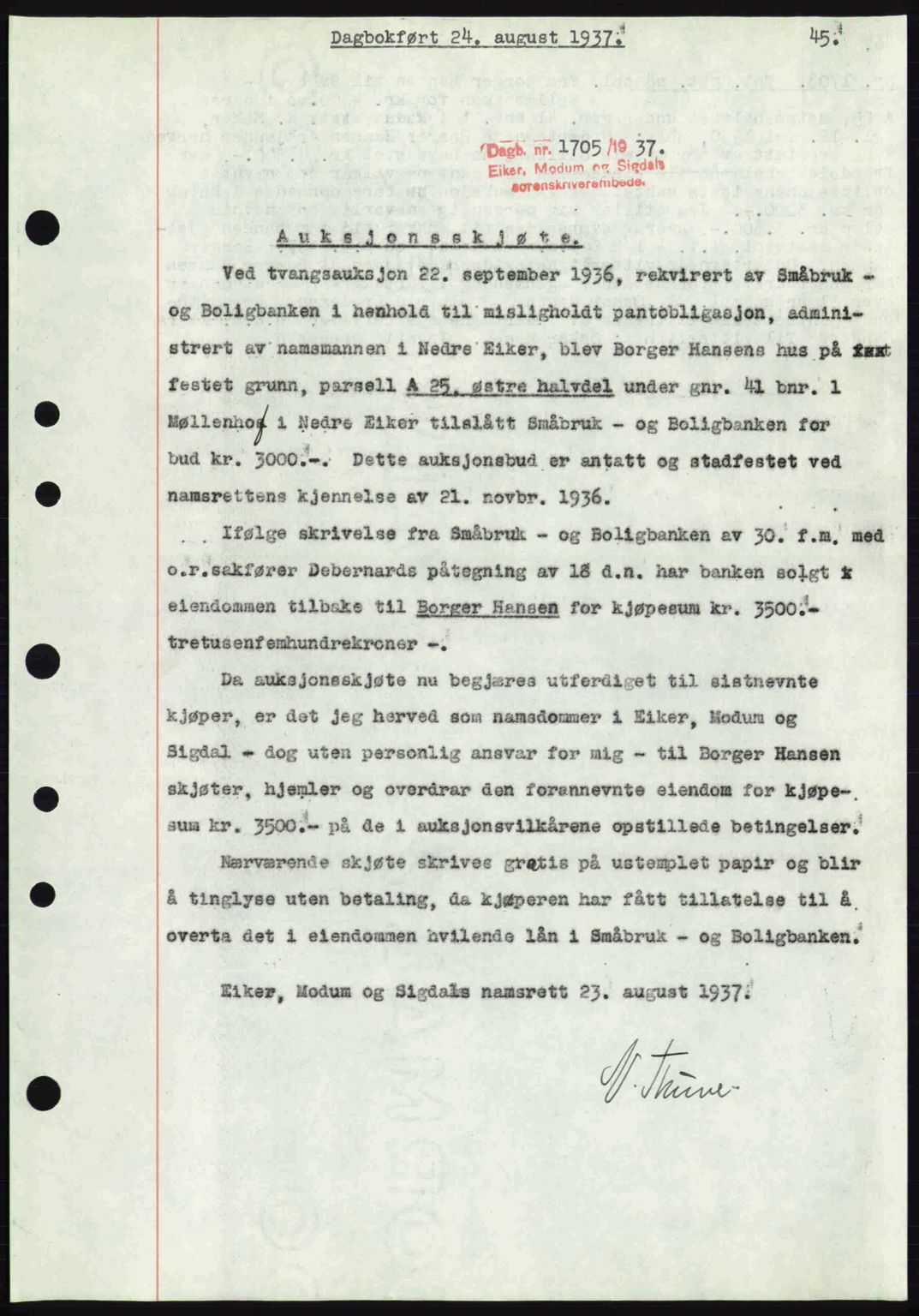 Eiker, Modum og Sigdal sorenskriveri, SAKO/A-123/G/Ga/Gab/L0036: Pantebok nr. A6, 1937-1937, Dagboknr: 1705/1937