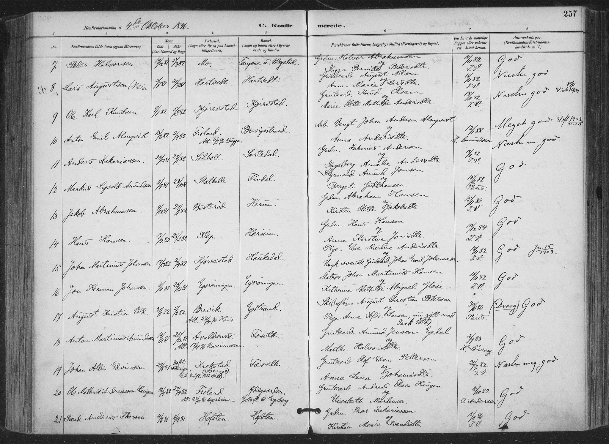 Bamble kirkebøker, AV/SAKO-A-253/F/Fa/L0008: Ministerialbok nr. I 8, 1888-1900, s. 257