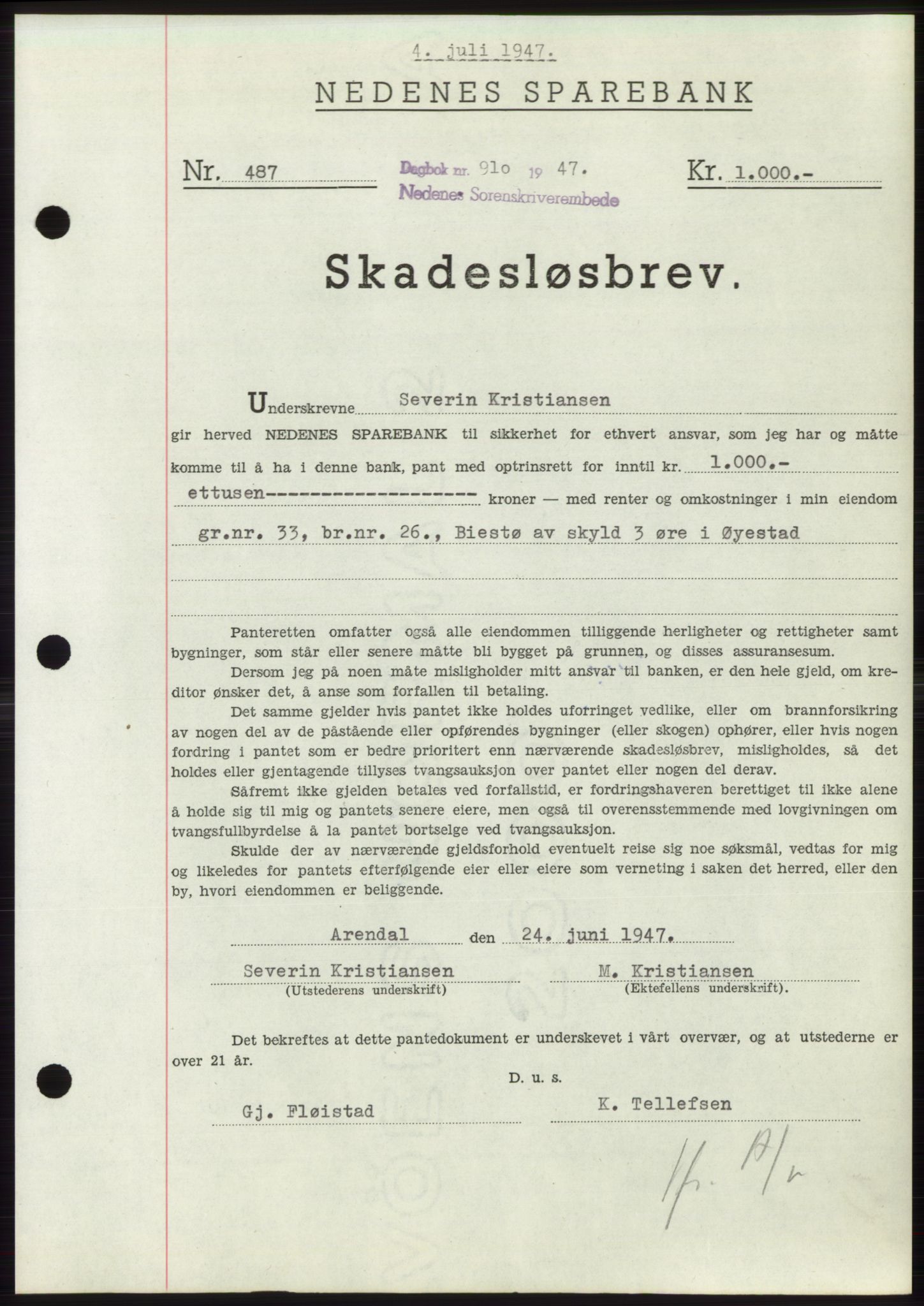 Nedenes sorenskriveri, SAK/1221-0006/G/Gb/Gbb/L0004: Pantebok nr. B4, 1947-1947, Dagboknr: 910/1947