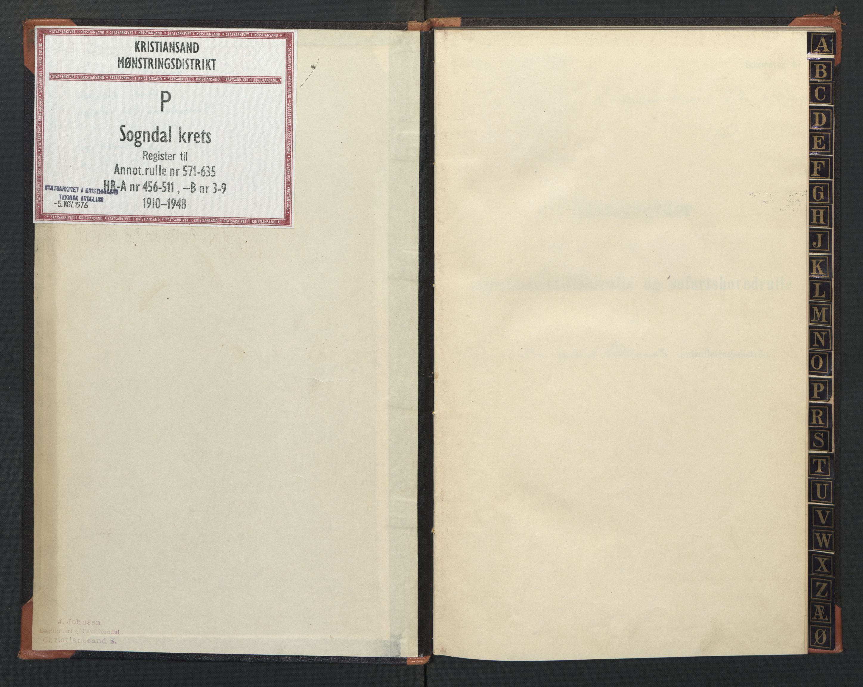 Sogndal mønstringskrets, SAK/2031-0020/F/Fb/L0004: Register til annotasjonsrulle nr 571-635, hovedrulle A nr 456-511 og hovedrulle B nr 3-9, P-5, 1910-1948, s. 2