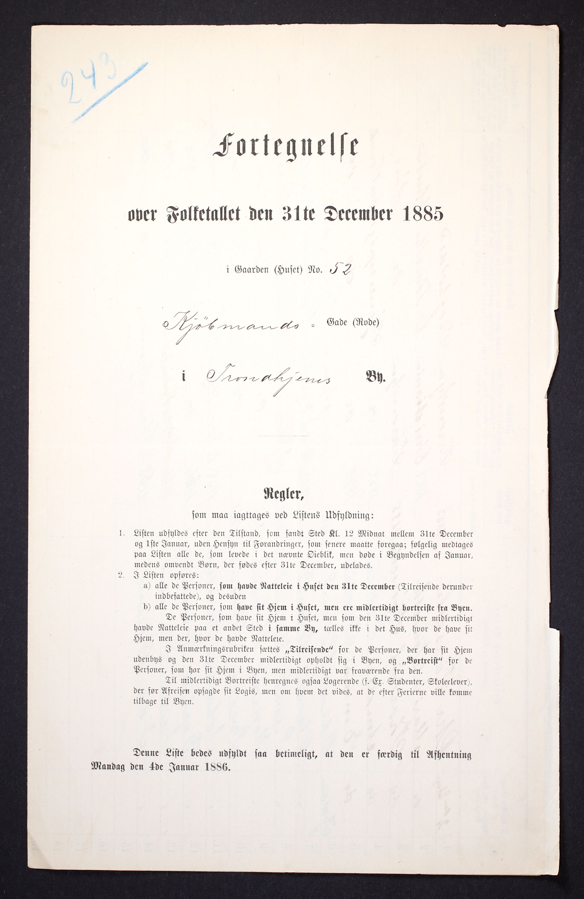 SAT, Folketelling 1885 for 1601 Trondheim kjøpstad, 1885, s. 1043