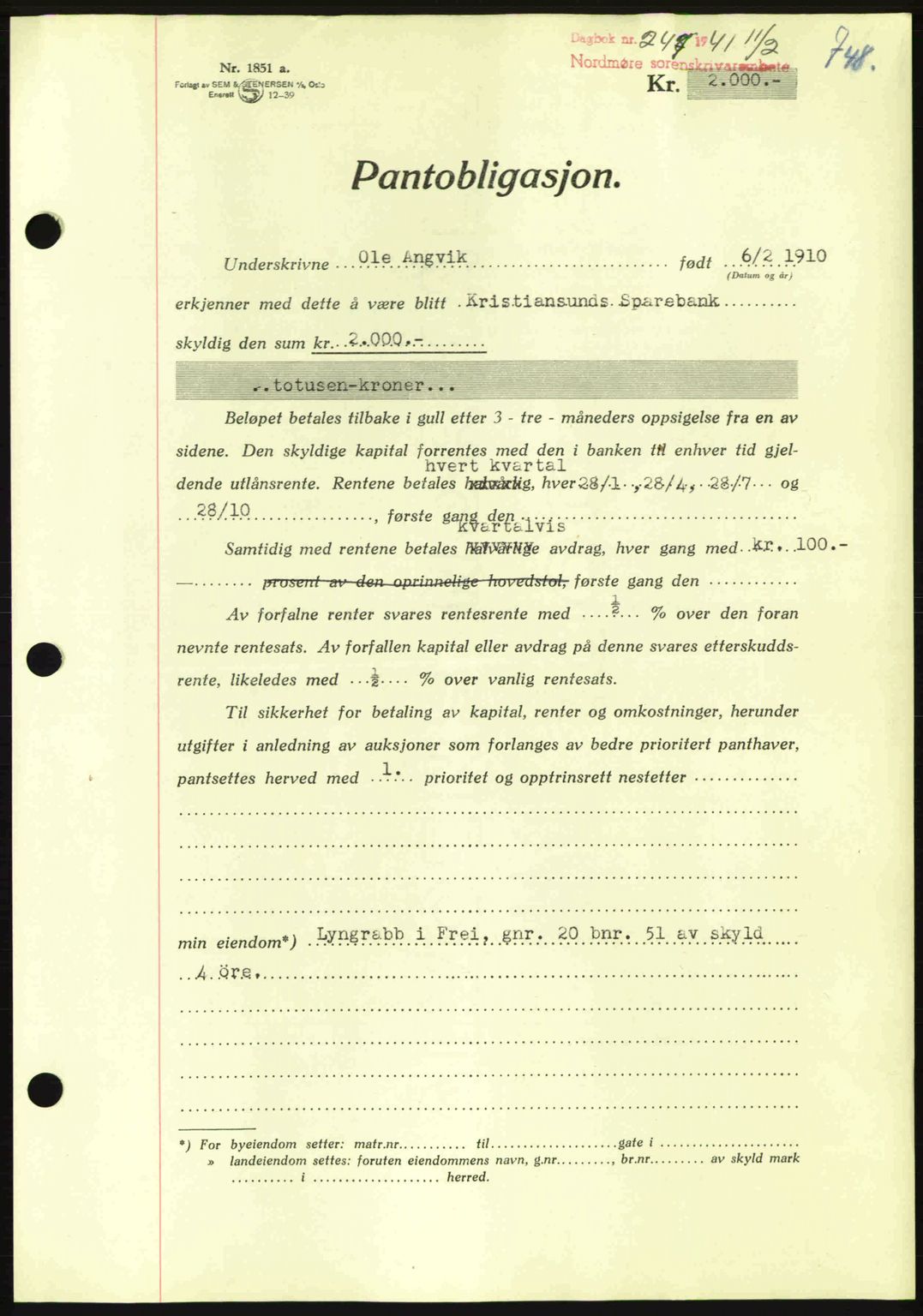 Nordmøre sorenskriveri, AV/SAT-A-4132/1/2/2Ca: Pantebok nr. B87, 1940-1941, Dagboknr: 247/1941