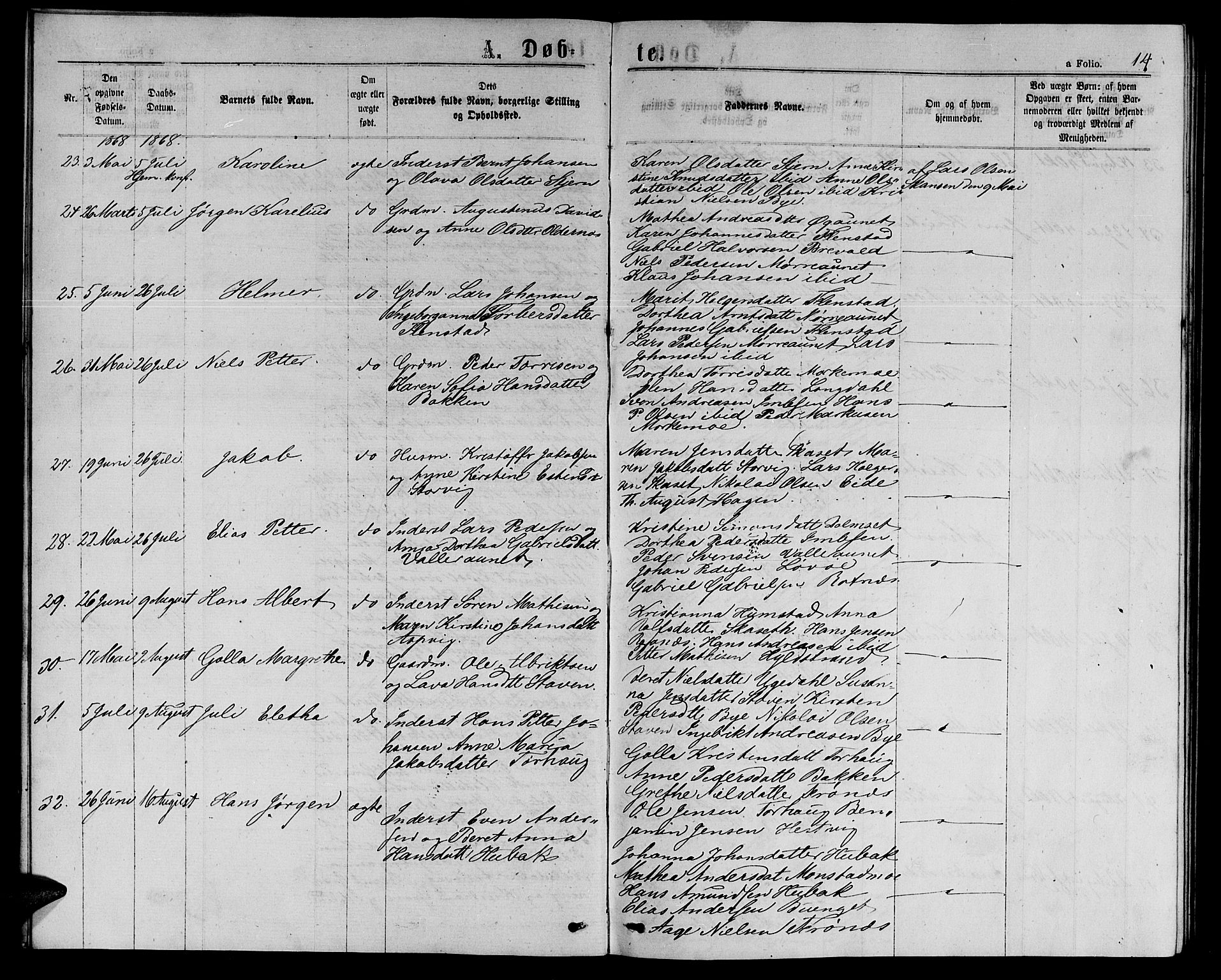 Ministerialprotokoller, klokkerbøker og fødselsregistre - Sør-Trøndelag, AV/SAT-A-1456/655/L0686: Klokkerbok nr. 655C02, 1866-1879, s. 14