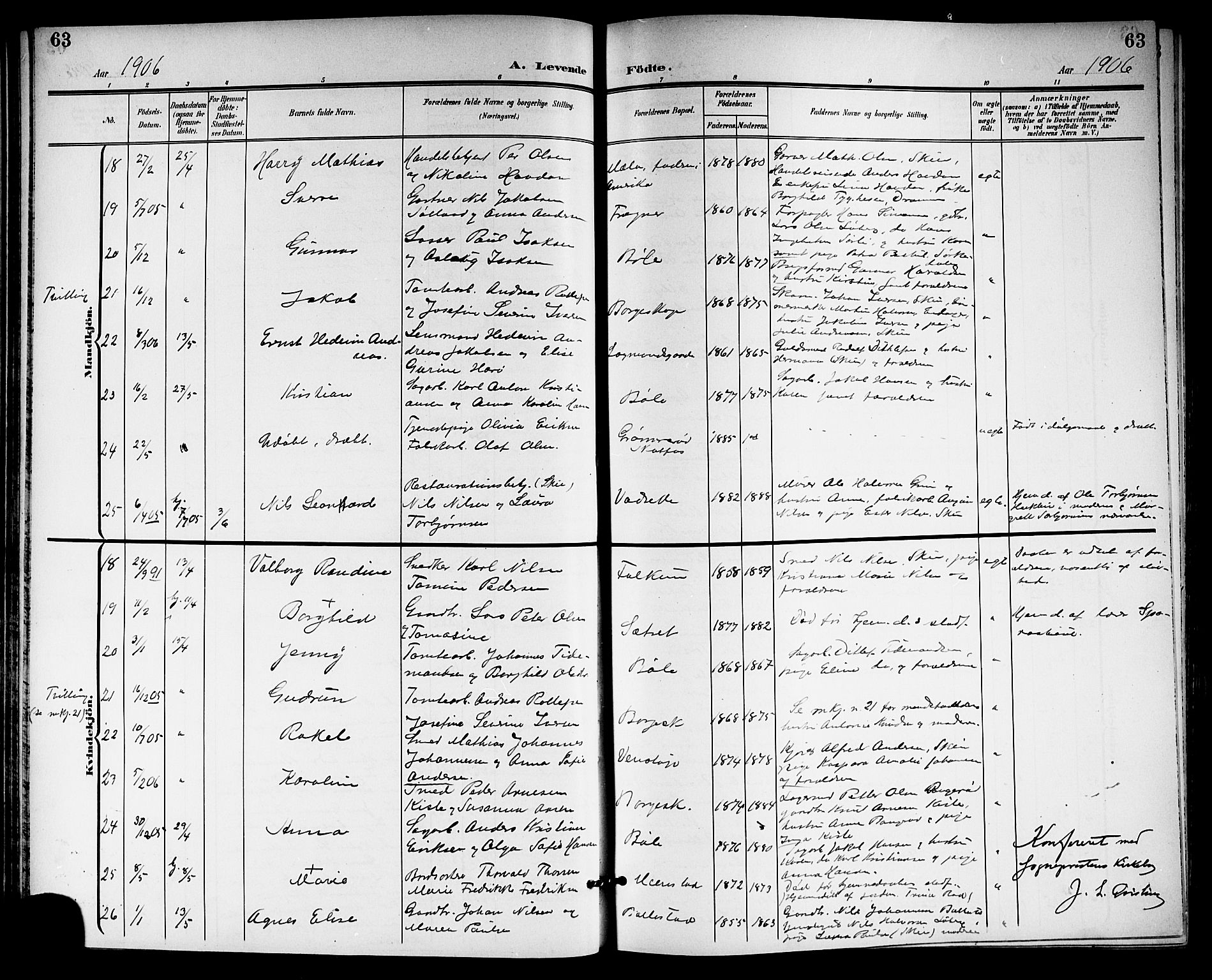 Gjerpen kirkebøker, AV/SAKO-A-265/G/Ga/L0003: Klokkerbok nr. I 3, 1901-1919, s. 63