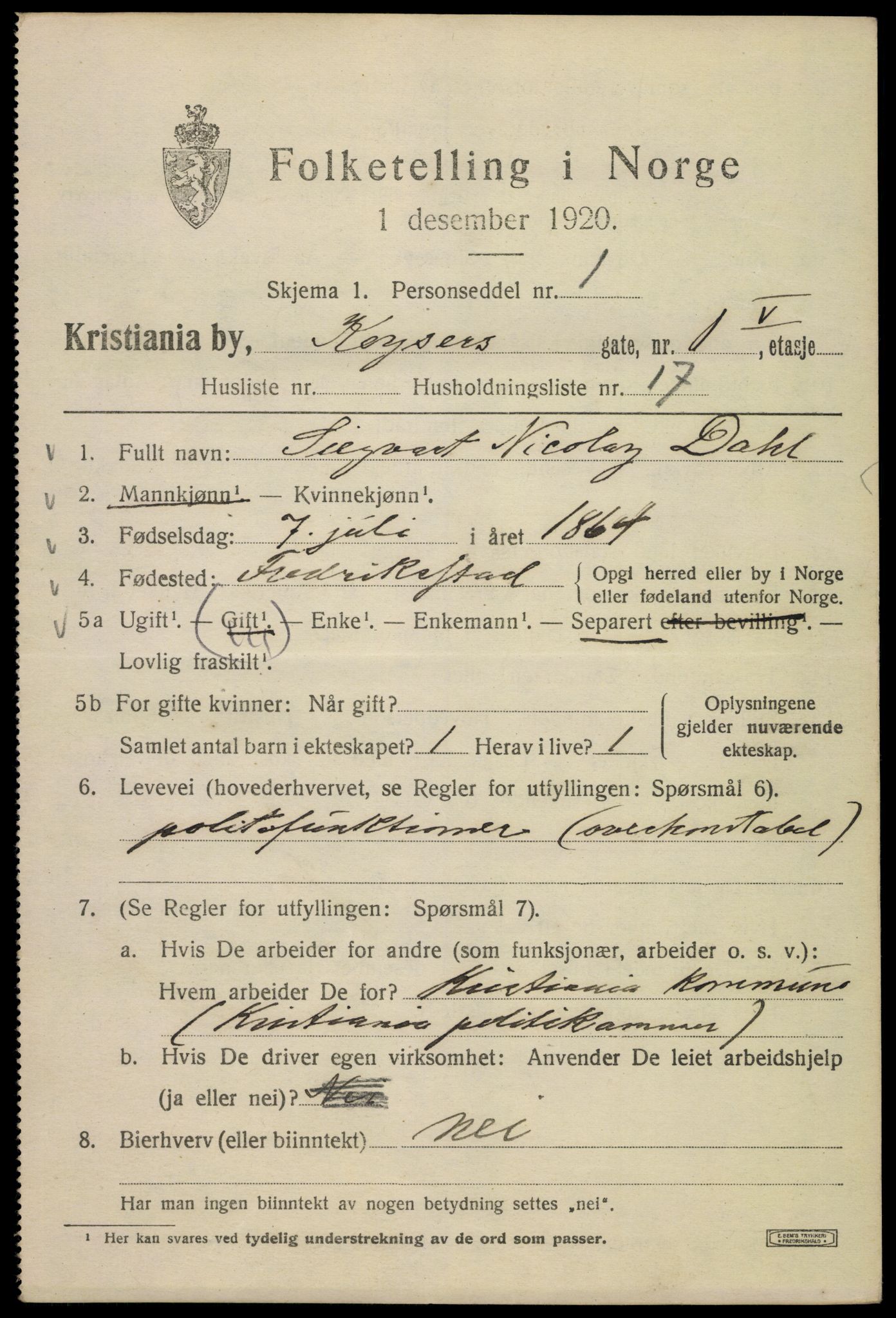 SAO, Folketelling 1920 for 0301 Kristiania kjøpstad, 1920, s. 331517