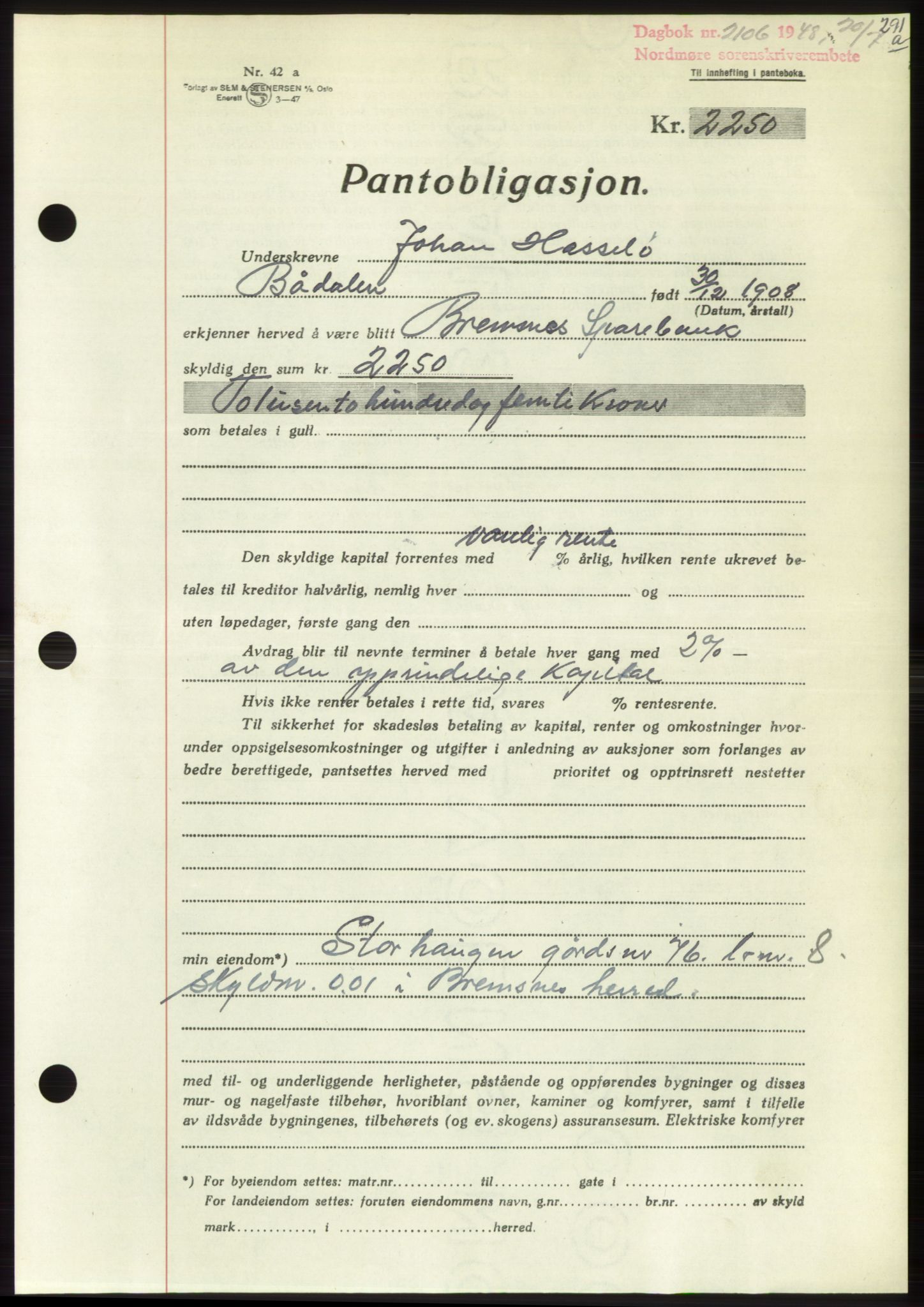 Nordmøre sorenskriveri, AV/SAT-A-4132/1/2/2Ca: Pantebok nr. B99, 1948-1948, Dagboknr: 2106/1948