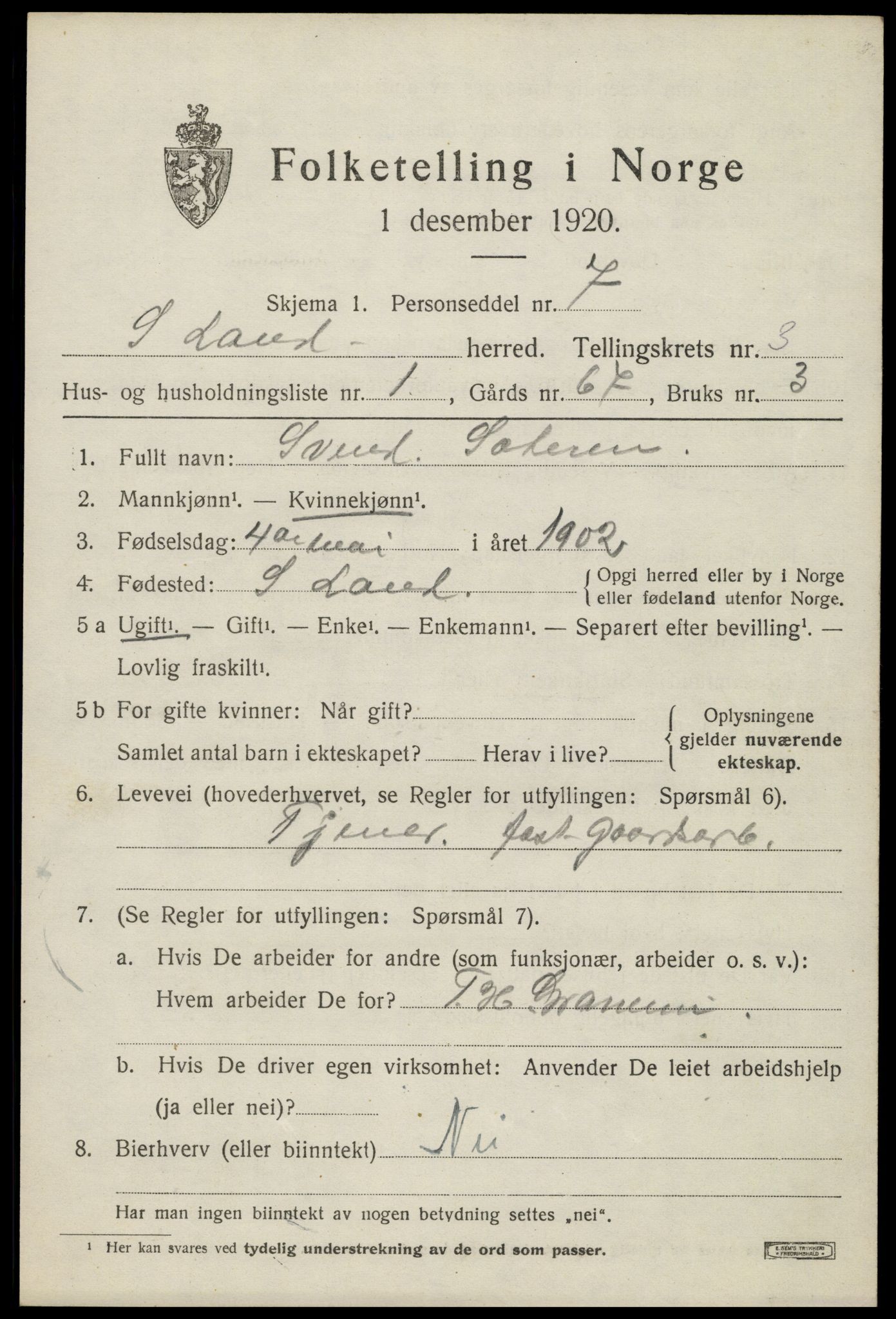 SAH, Folketelling 1920 for 0536 Søndre Land herred, 1920, s. 4281