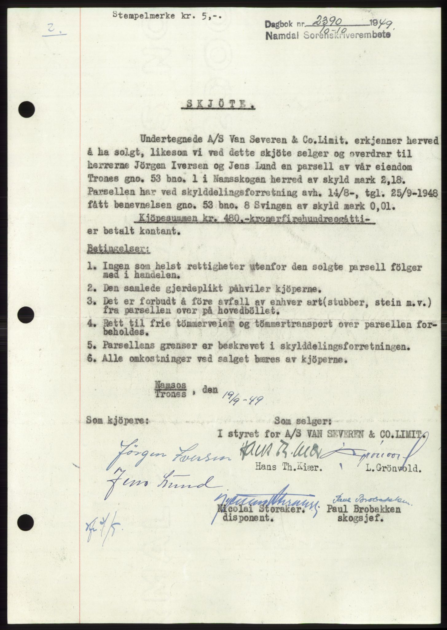 Namdal sorenskriveri, SAT/A-4133/1/2/2C: Pantebok nr. -, 1949-1949, Dagboknr: 2390/1949